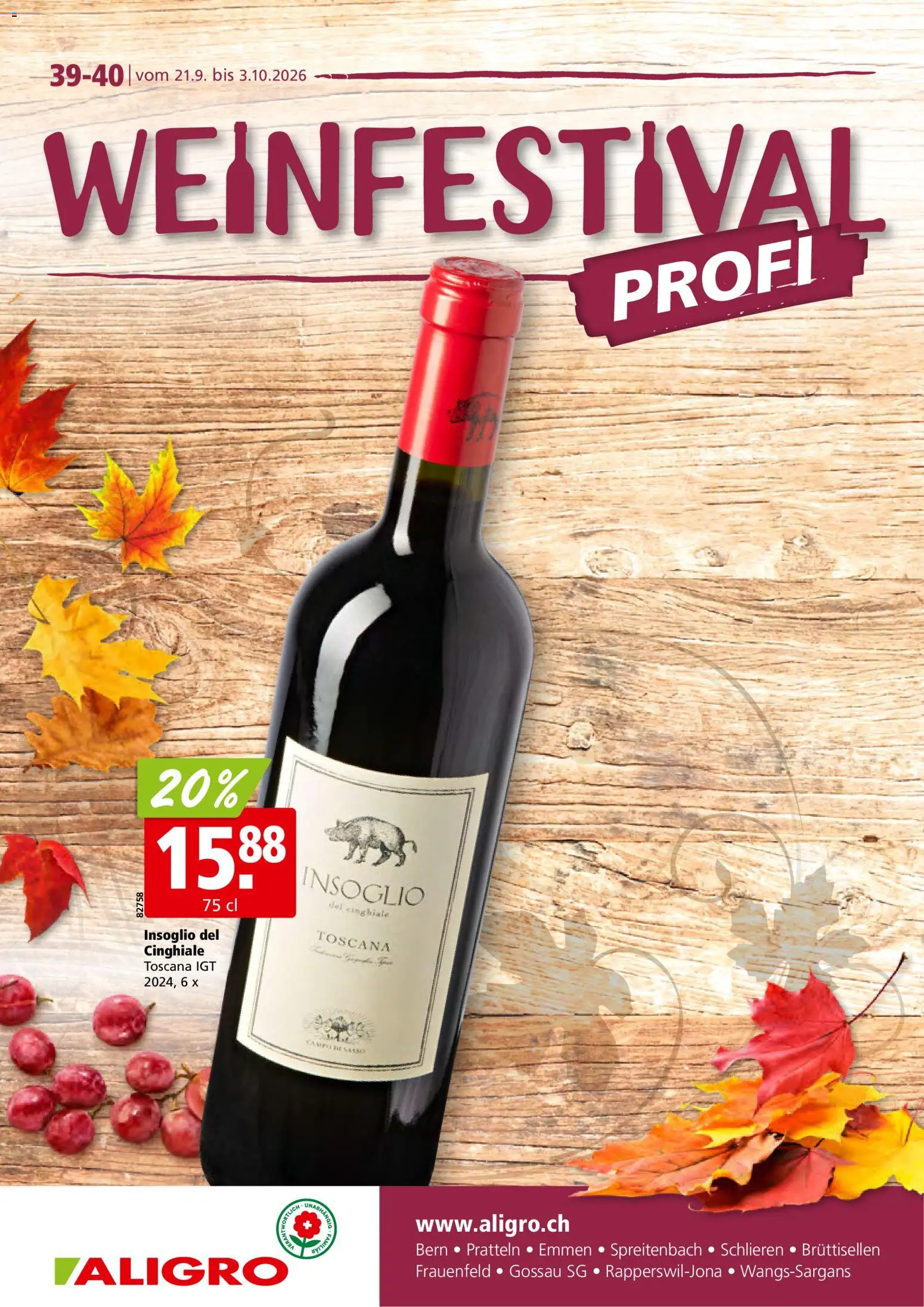 Vorschau des Merkblatts Aligro aktionen Wein Schlieren, Gossau SG, Frauenfeld, Rapperswil-Jona, Sargans, Bern vom Shop Aligro gültig von 21.09.2026 bis 03.10.2026