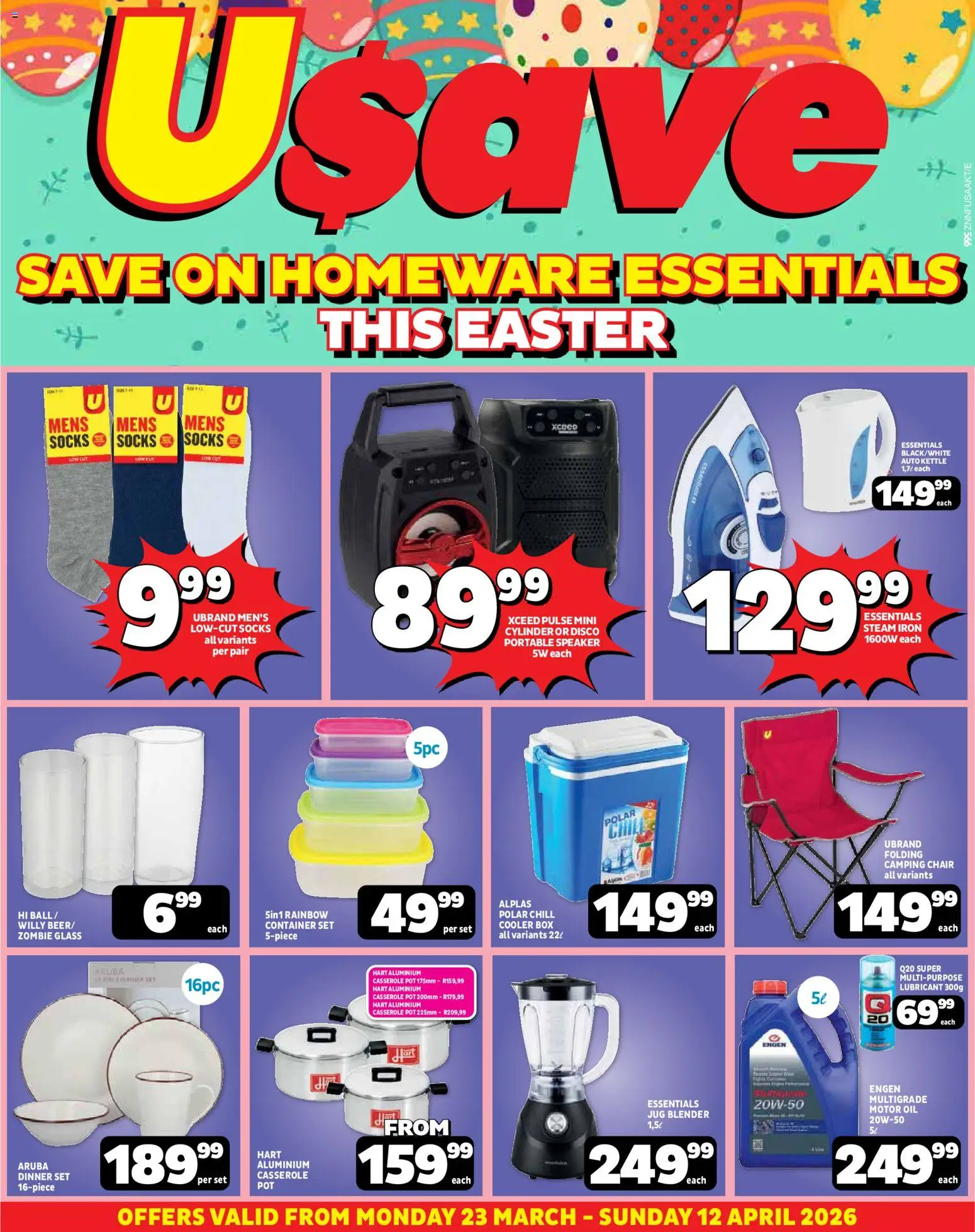 Preview of Usave flyer valid from 23/03/2026 - Blender, Kettle, Iron, Speaker, Box, Oil, Socks, Cooler