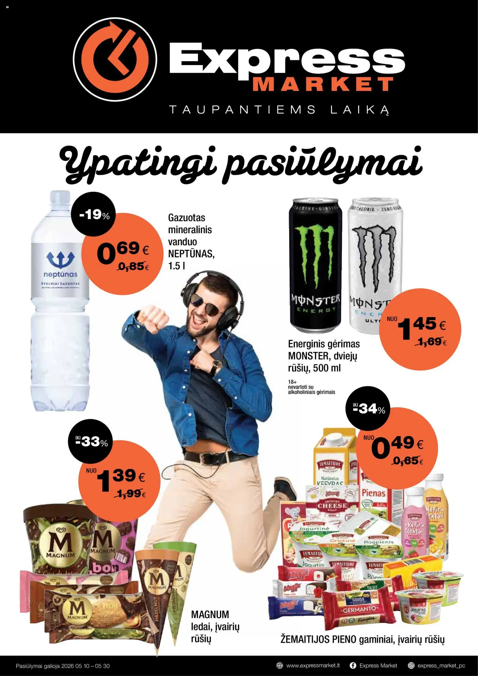 Express market parduotuvės leidinio Express market leidinys galiojančio nuo 2026.05.10 peržiūra - Vanduo, Pienas, Grietinė, Energinis gėrimas
