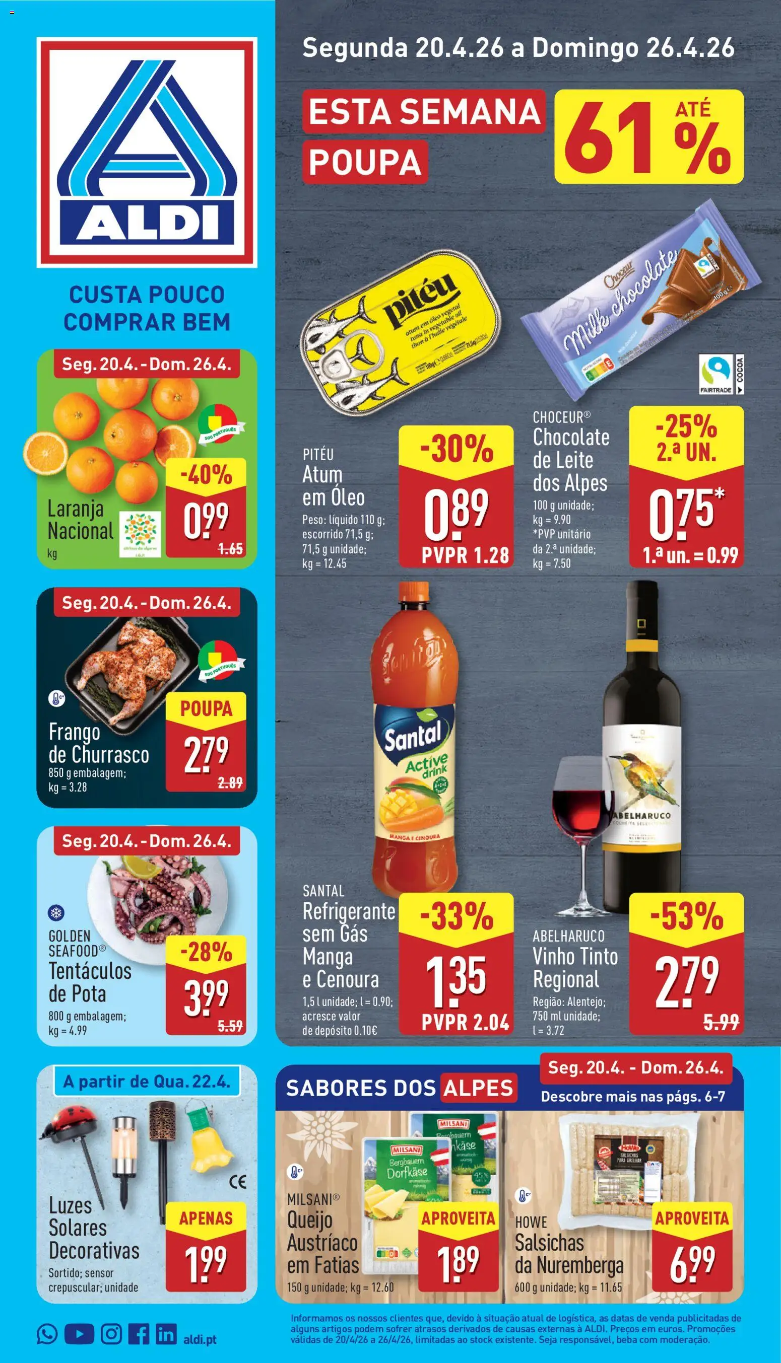 Pré-visualização do folheto da loja Aldi válida a partir de 20/04/2026 - Vinho, Frango, Queijo, Cenoura, Leite, Óleo, Refrigerante, Óleo vegetal