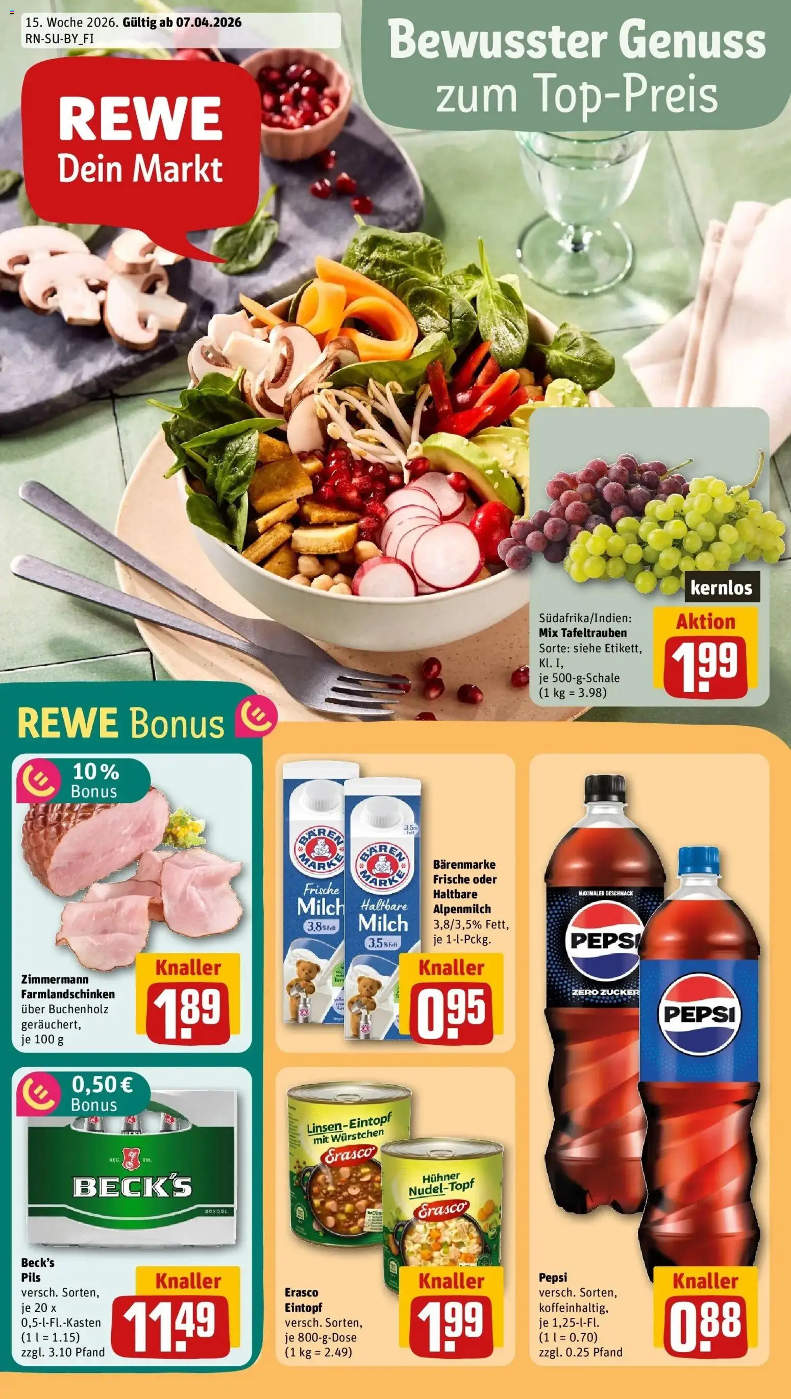 Vorschau von dem Prospekt des Geschäftes Rewe, gültig ab dem 05.04.2026 - Milch, Zucker, Pepsi, Haltbare milch, Pils, Erasco