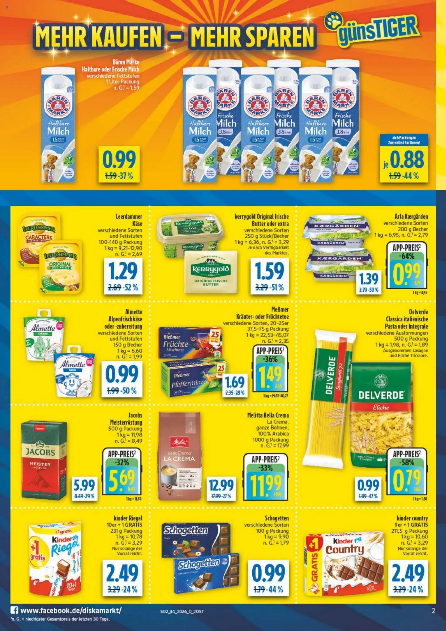 Vorschau von dem Prospekt des Geschäftes Diska, gültig ab dem 26.10.2026 - Butter, Pasta, Milch, Messmer, Haltbare milch, Leerdammer, Früchtetee, Milch 1,5%