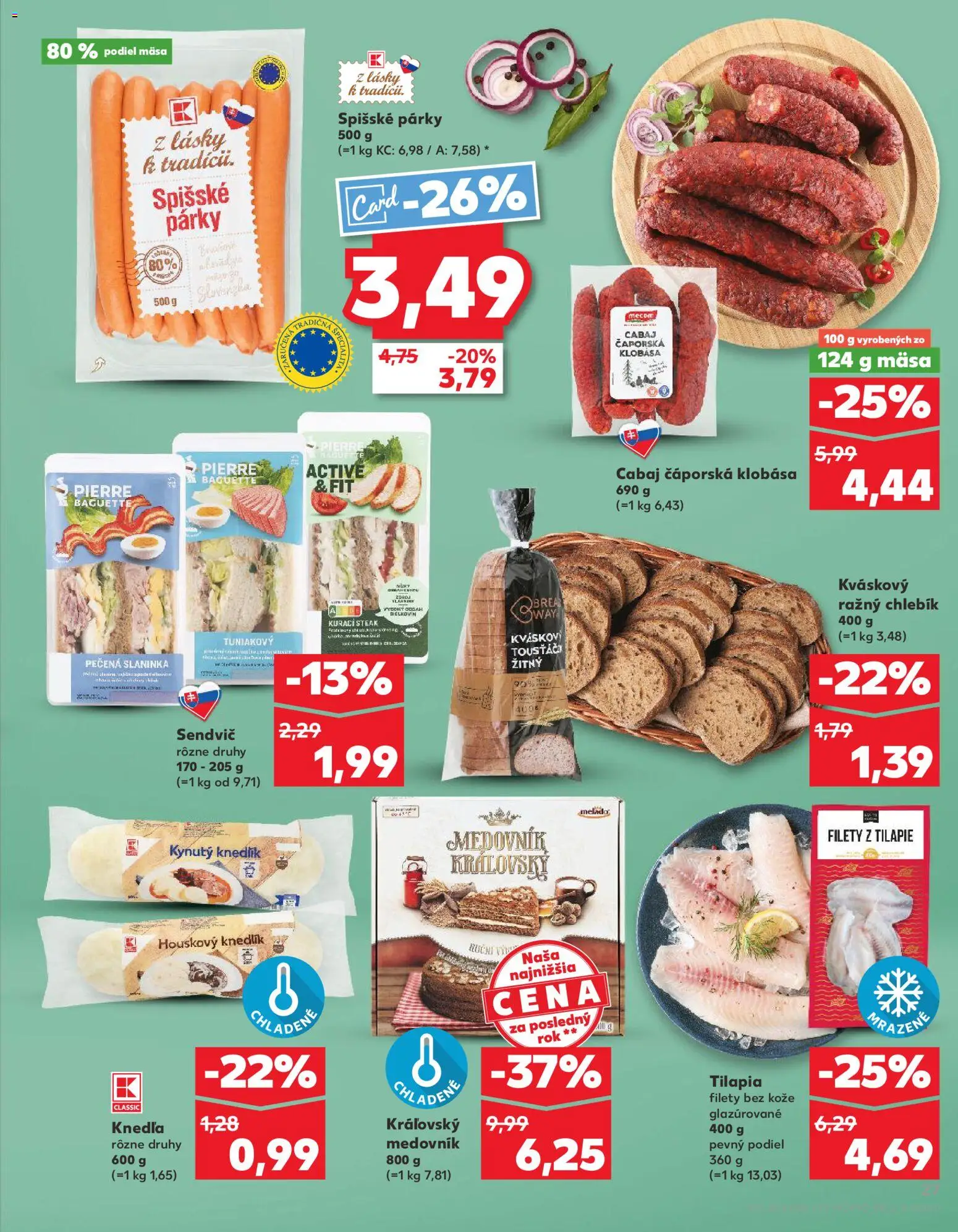 Náhľad Kaufland letáku platného od 26.02.2026 - Mäso, Medovník, Steak, Knedľa, Klobása, Párky, Sendvič, Tilápia
