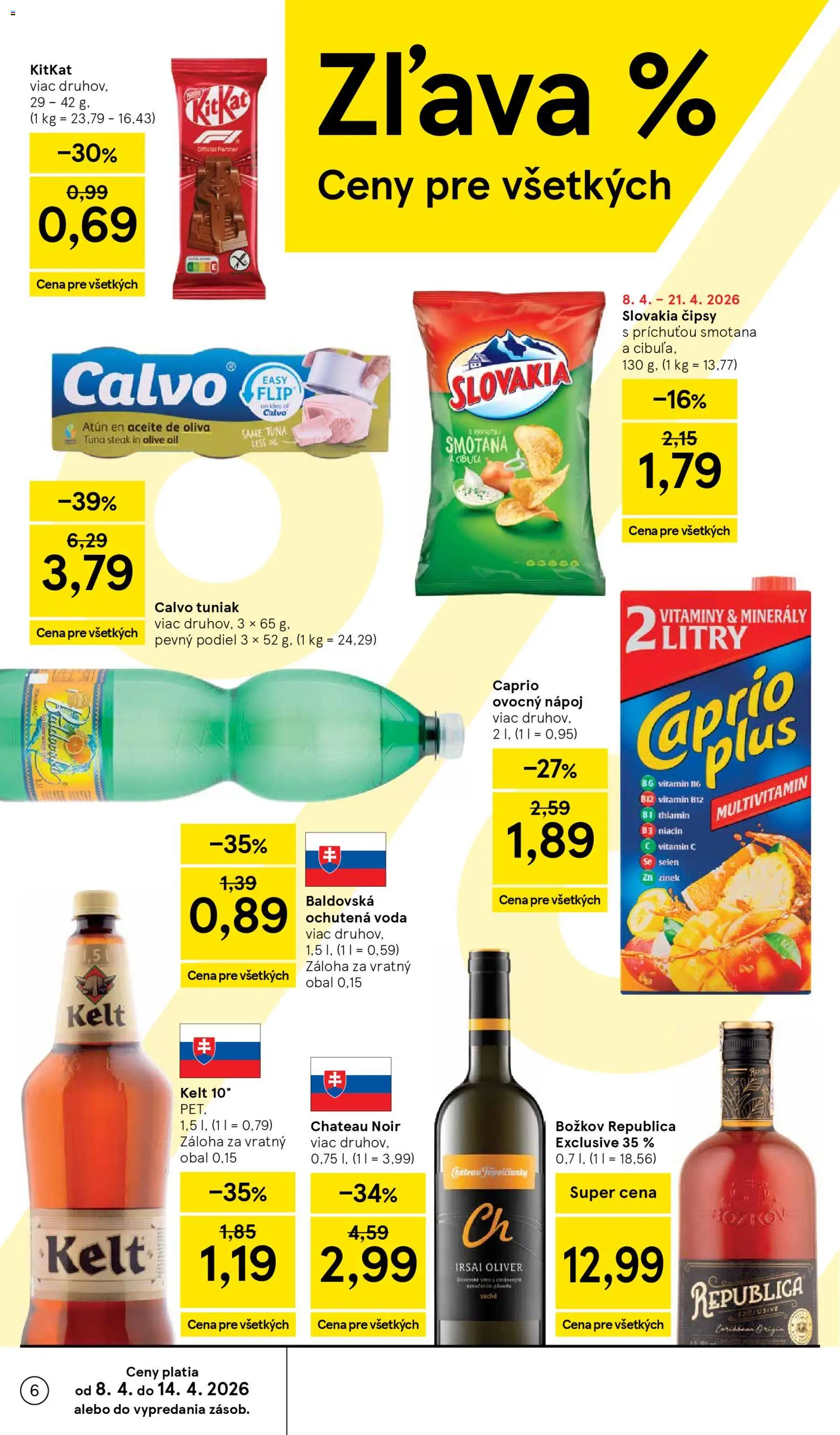Náhľad Tesco letáku platného od 08.04.2026 - Voda, Rum, Steak, Tuniak, Smotana, Kelt, Baldovská, Božkov