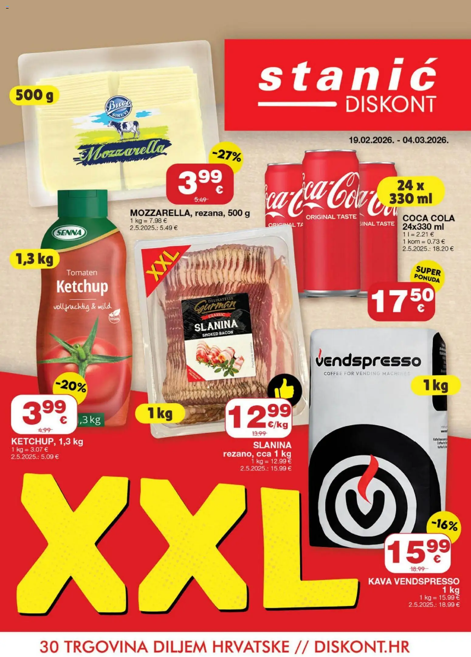 Pregled letka Katalog trgovine Stanić Diskont vrijedi od 19.02.2026 - Kava, Coca cola, Mozzarella, Slanina
