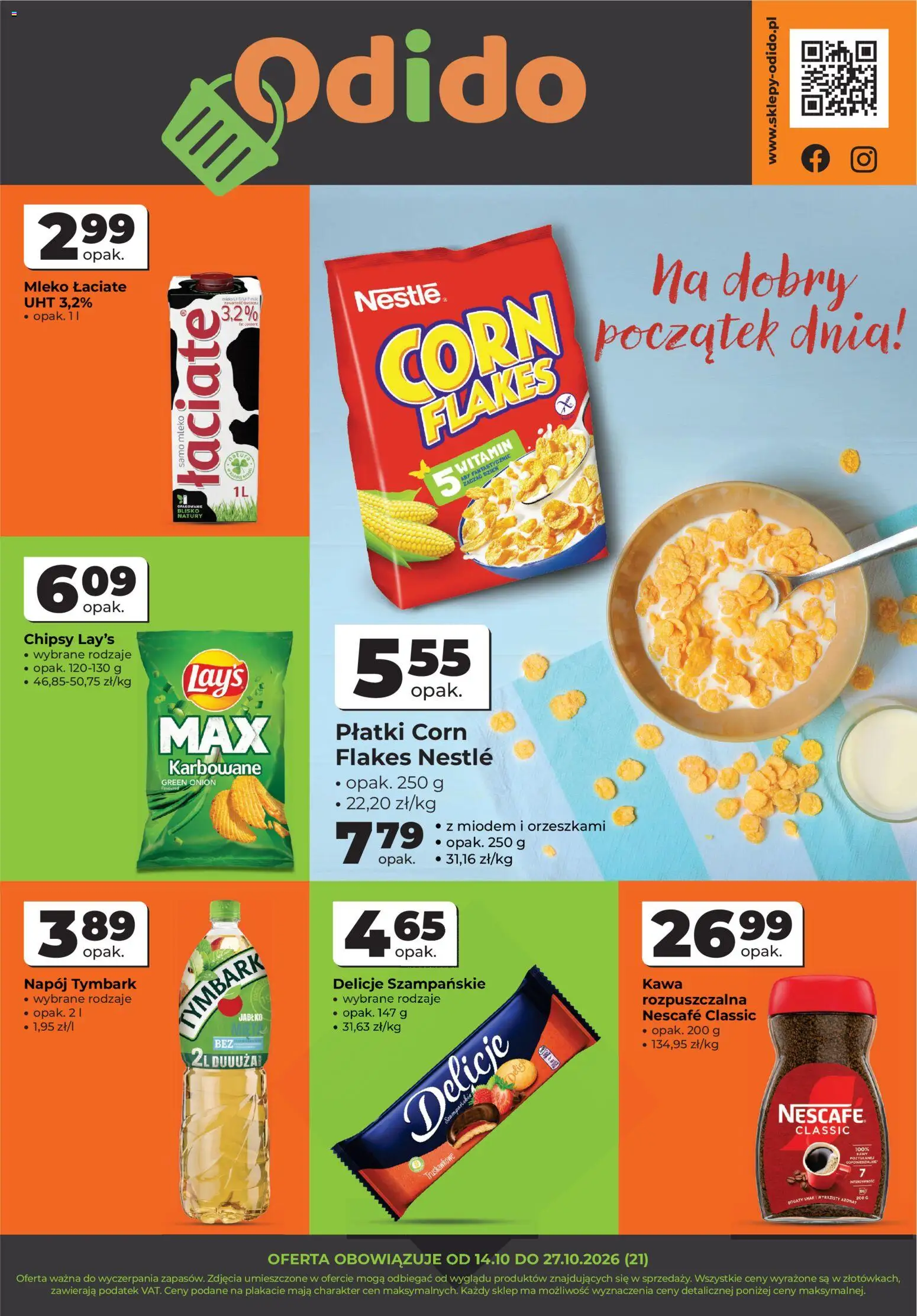 Pogląd gazetki "Odido gazetka - Wybrane produkty" ze sklepu Odido ważnej od 14.10.2026 - Kawa, Mleko, Tymbark, Chipsy, Nescafe, Płatki