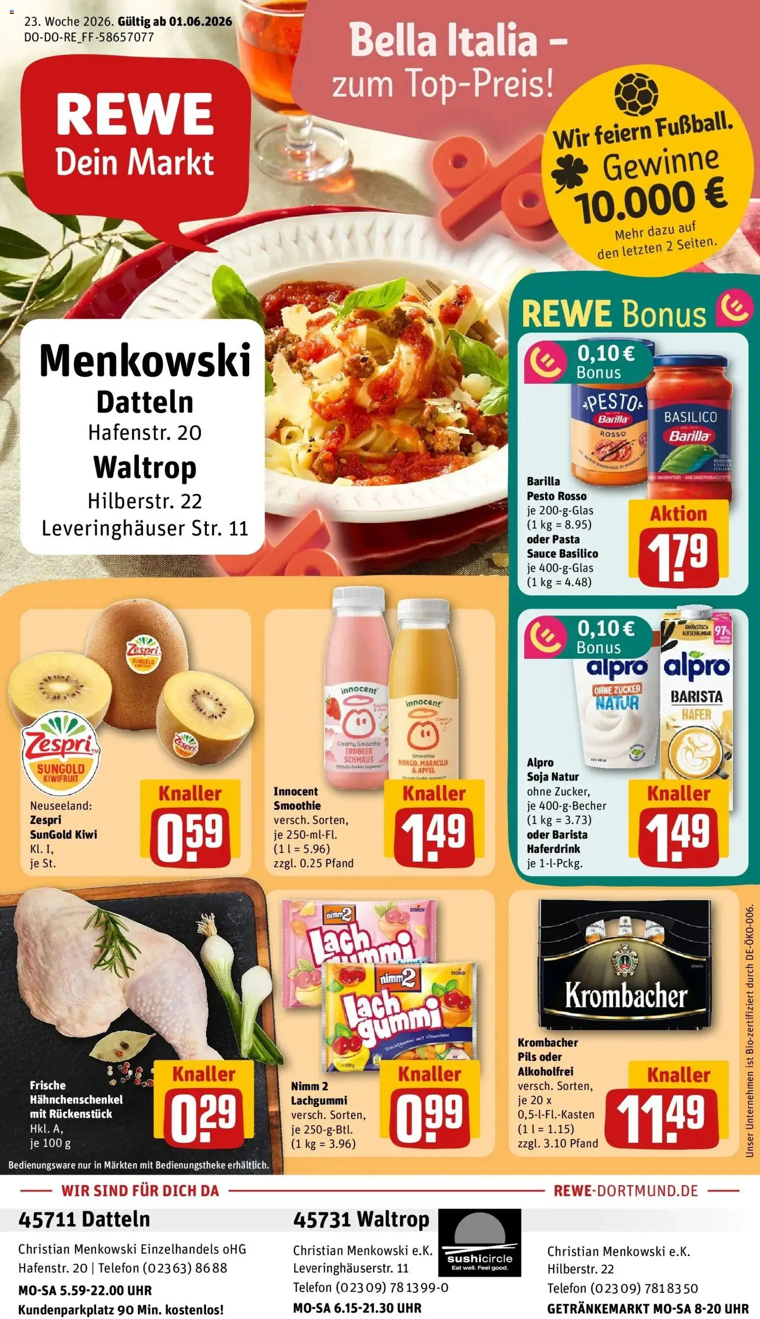 Vorschau von dem Prospekt des Geschäftes Rewe, gültig ab dem 01.06.2026 - Uhr, Telefon, Äpfel, Kiwi, Krombacher, Zucker, Pils, Haferdrink