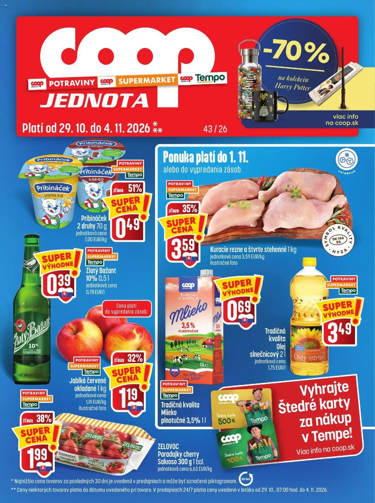 Náhľad COOP Jednota letáku platného od 29.10.2026 - Pivo, Olej, Paradajky, Kuracie rezne, Kakao, Vanilka, Rezne, Zlatý Bažant