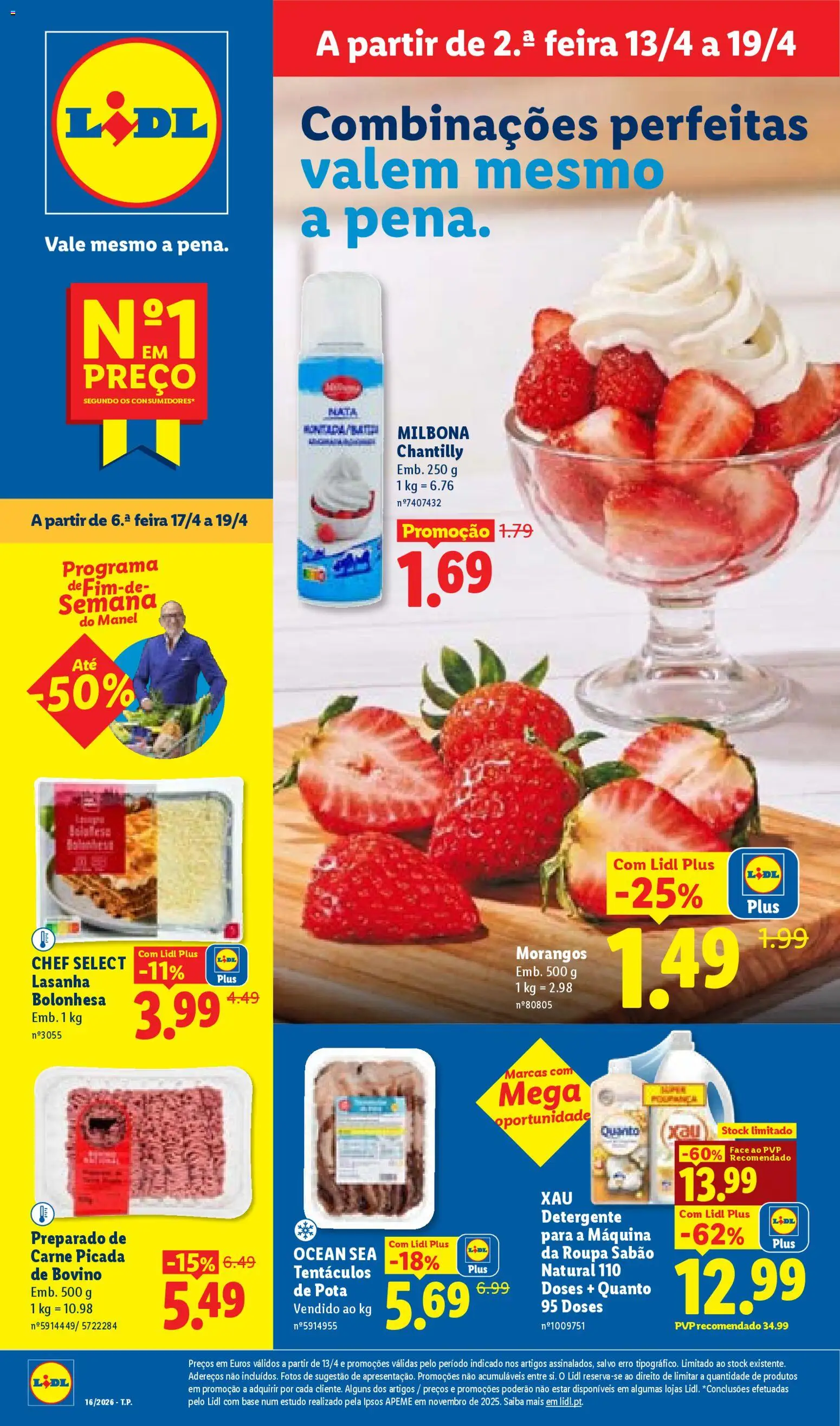 Pré-visualização do folheto da loja Lidl válida a partir de 13/04/2026 - Lasanha, Carne, Morangos, Base, Chantilly, Carne picada, Detergente, Sabão