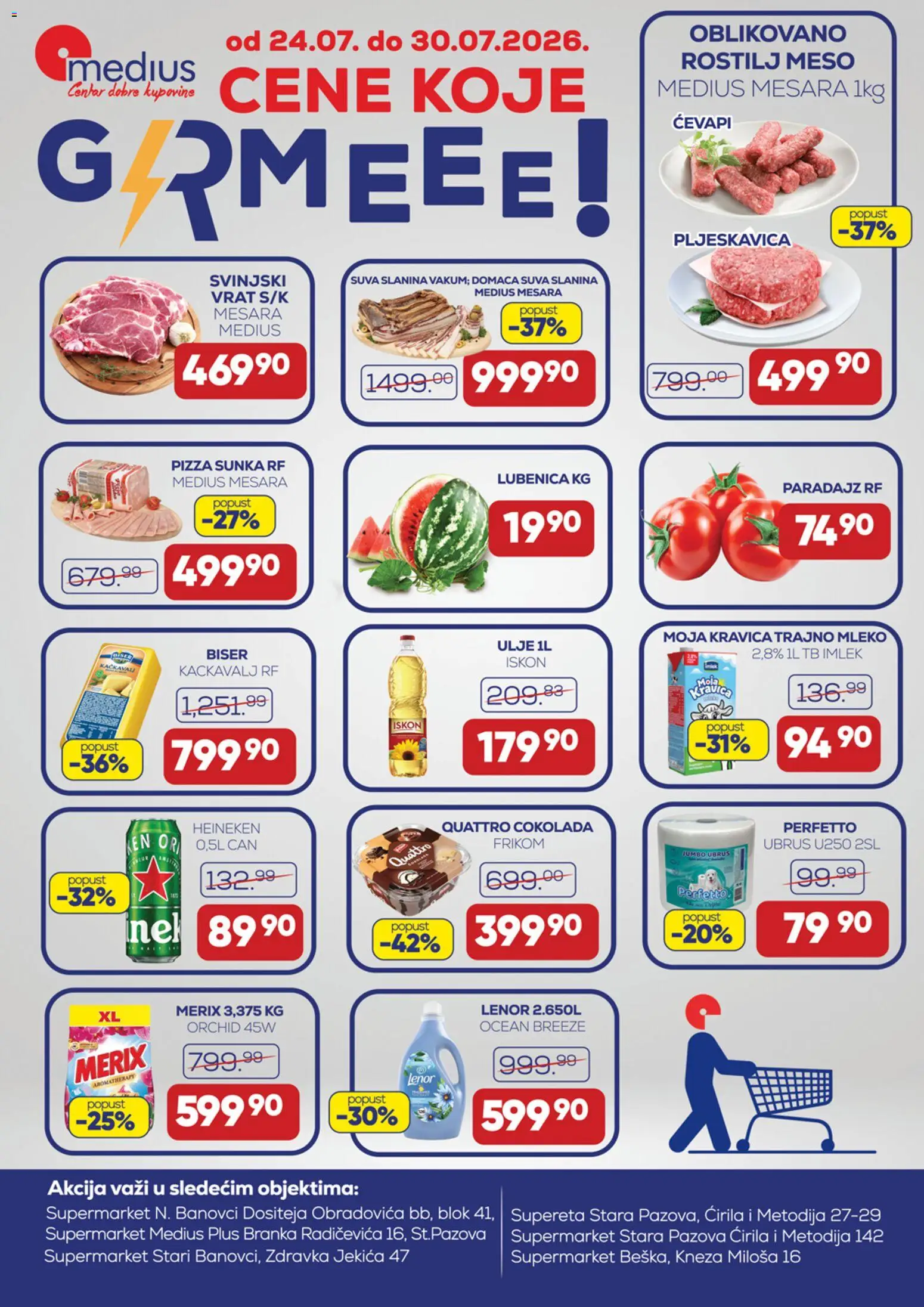 Pregled Medius kataloga - važi od 24.07.2026 - Paradajz, Lubenica, Čokolada, Kačkavalj, Mleko, Meso, Šunka, Slanina