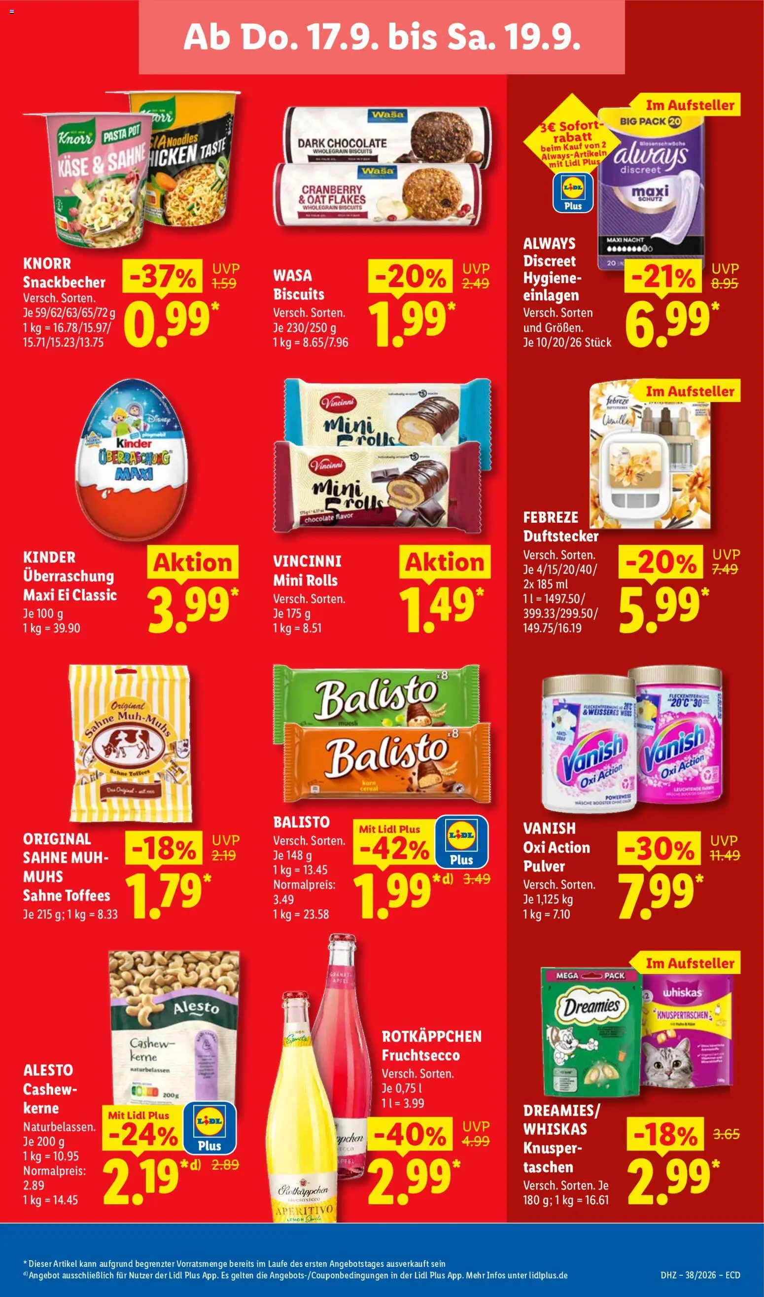 Vorschau von dem Prospekt des Geschäftes Lidl, gültig ab dem 14.09.2026 - Pasta, Taschen, Rotkäppchen, Sahne, Cashew, Knorr, Whiskas, Fruchtsecco