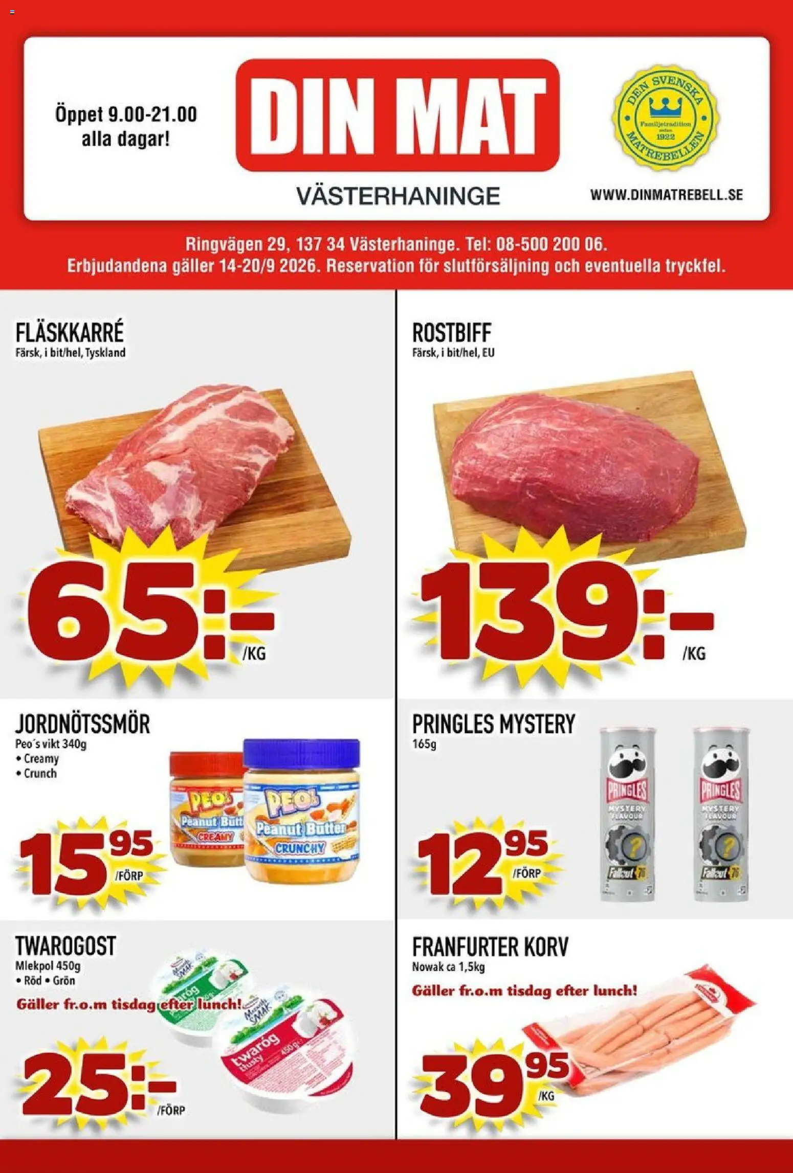 Förhandsgranska reklamblad Din Mat erbjudanden från butik Din Mat gäller från 14/09/2026 - Korv, Rostbiff, Pringles, Jordnötssmör, Galler, Fläskkarré