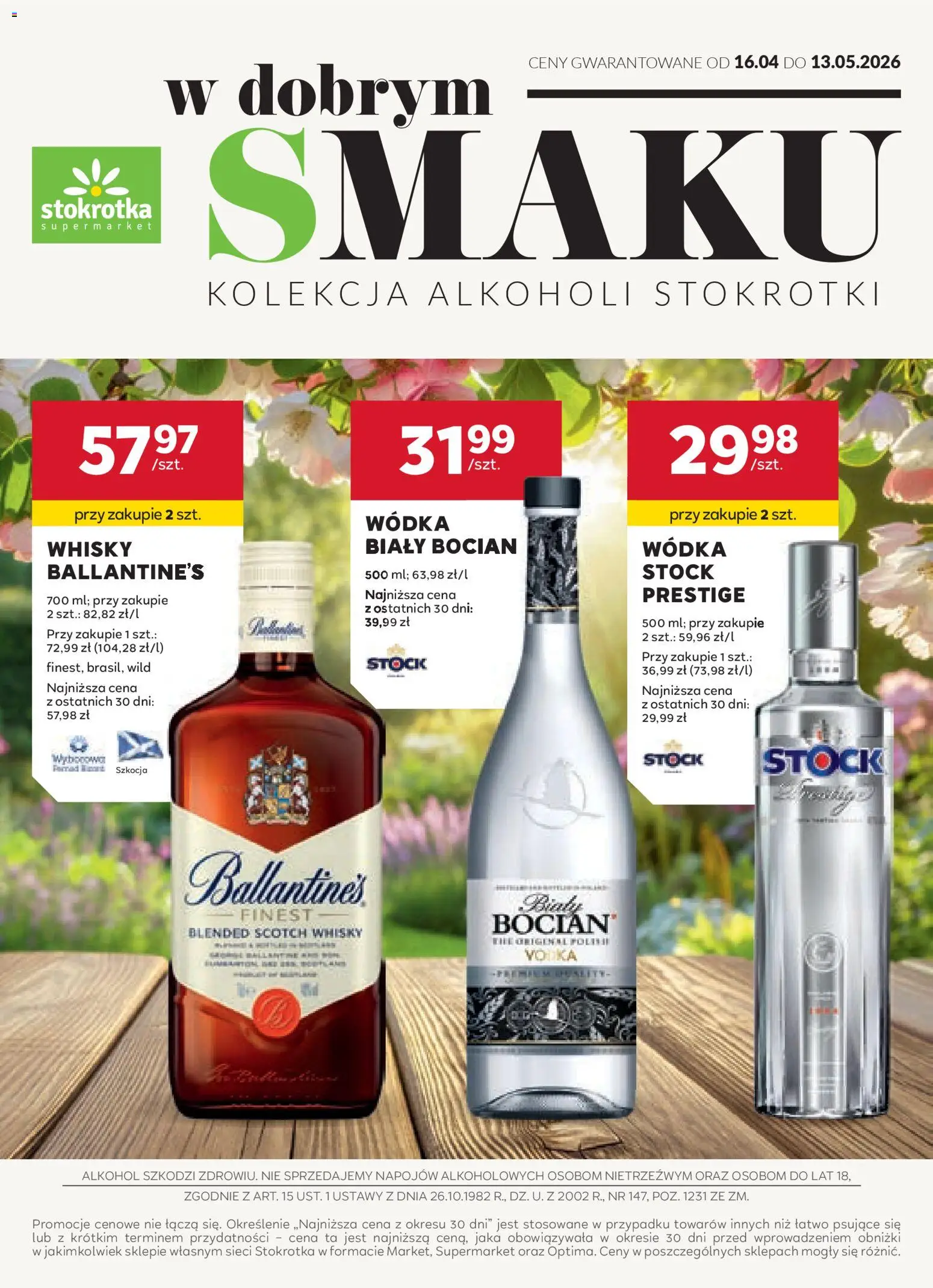 Pogląd gazetki "Stokrotka gazetka - Oferta alkoholowa" ze sklepu Stokrotka ważnej od 16.04.2026 - Stokrotka, Alkohol, Whisky, Wódka, Bocian wódka, Biały Bocian, Scotch whisky