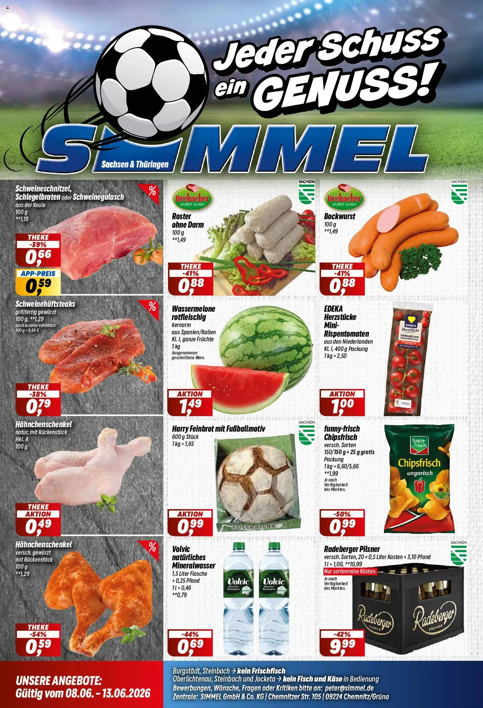 Vorschau von dem Prospekt des Geschäftes Simmel, gültig ab dem 08.06.2026 - Käse, Fisch, Wurst, Wassermelone, Hahnchenschenkel, Bockwurst, Volvic, Schweinegulasch
