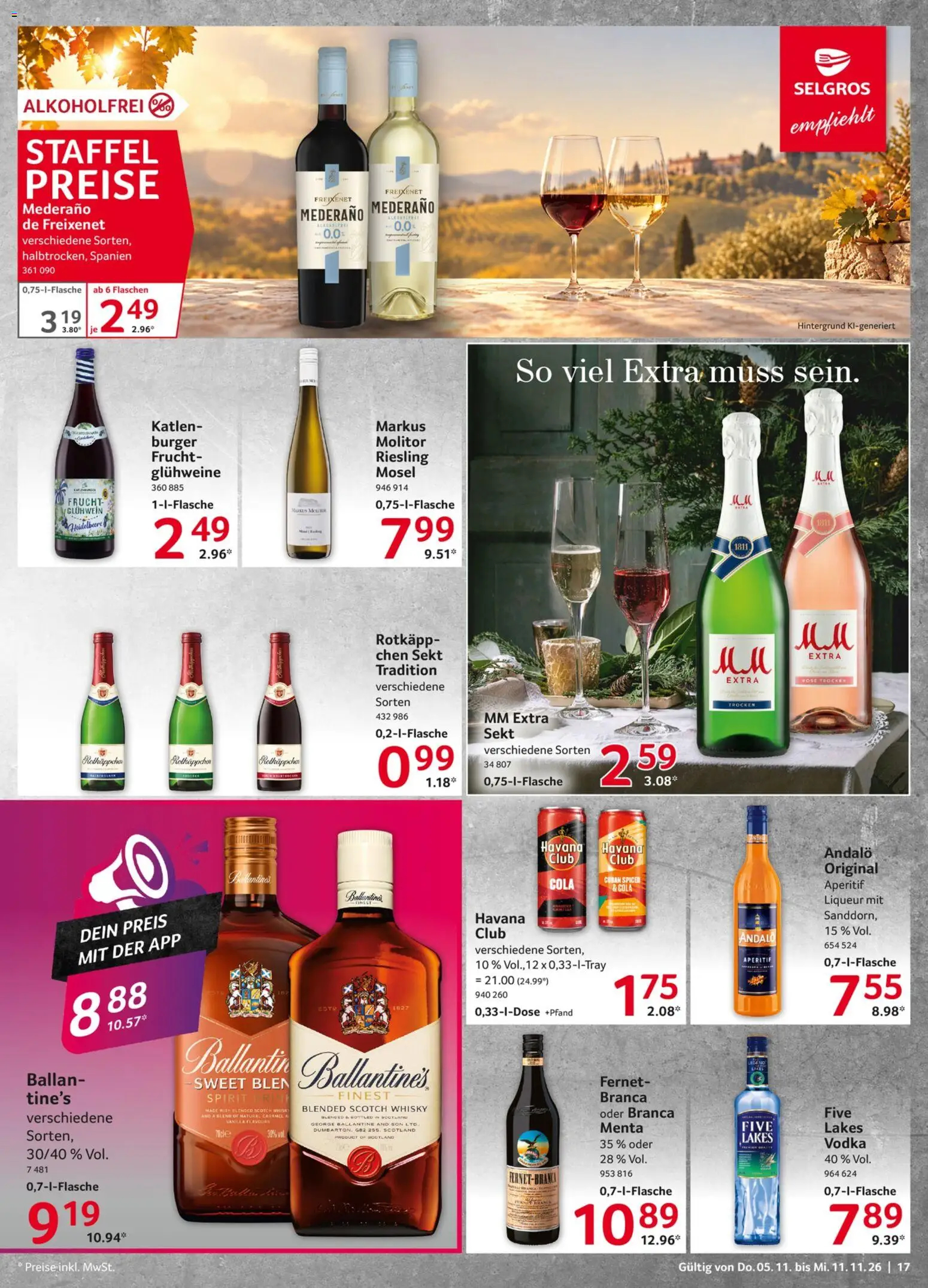 Vorschau von dem Prospekt des Geschäftes Selgros, gültig ab dem 05.11.2026 - Burger, Whisky, Cola, Rotkäppchen, Havana club, Sekt, Freixenet, Freixenet mederano