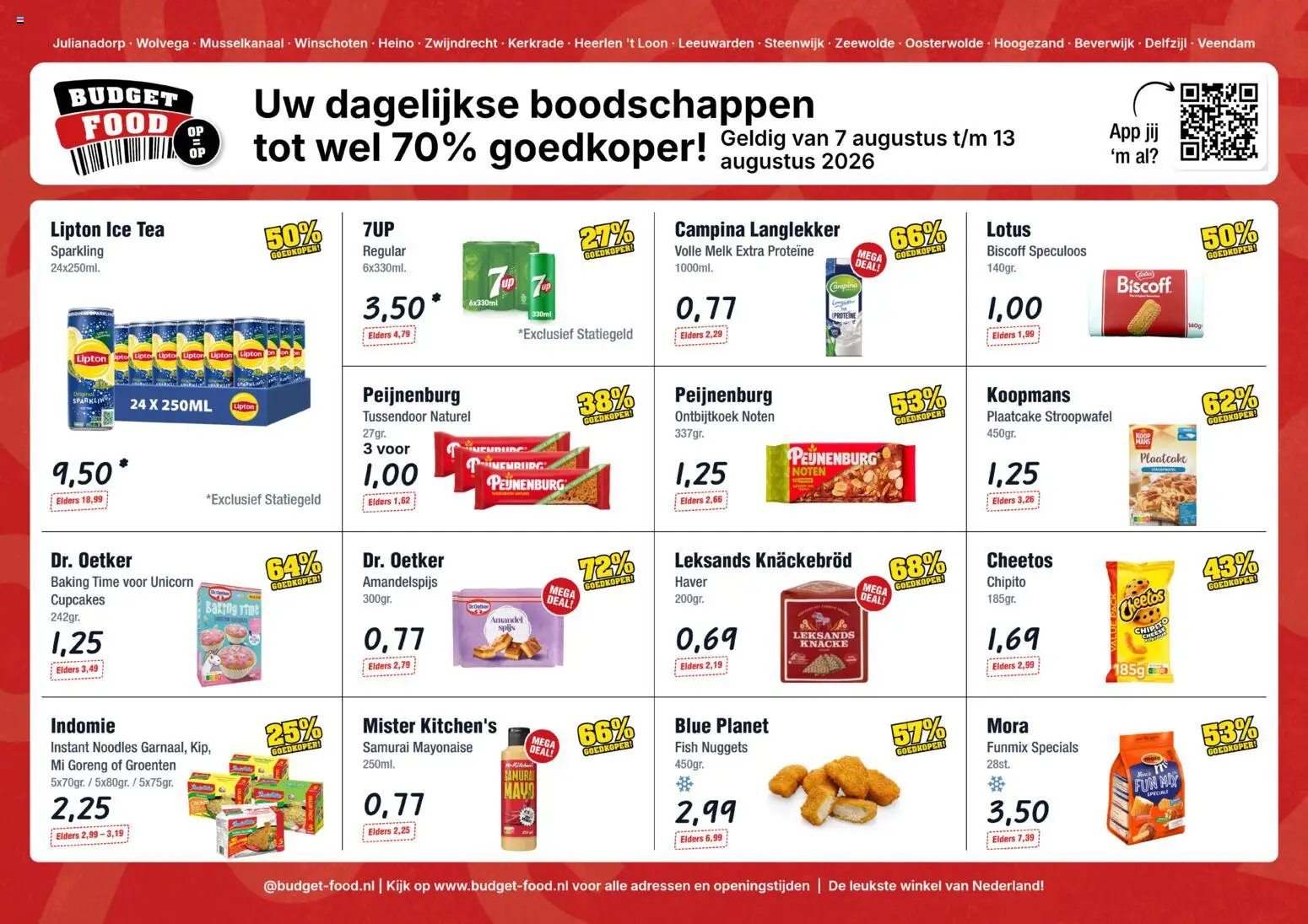 Voorbeeld van Budget Food folder van winkel Budget Food geldig vanaf 07-08-2026 - Lotus, Melk, Noten, Mayonaise, Groenten, Haver, Cheetos, Knäckebröd