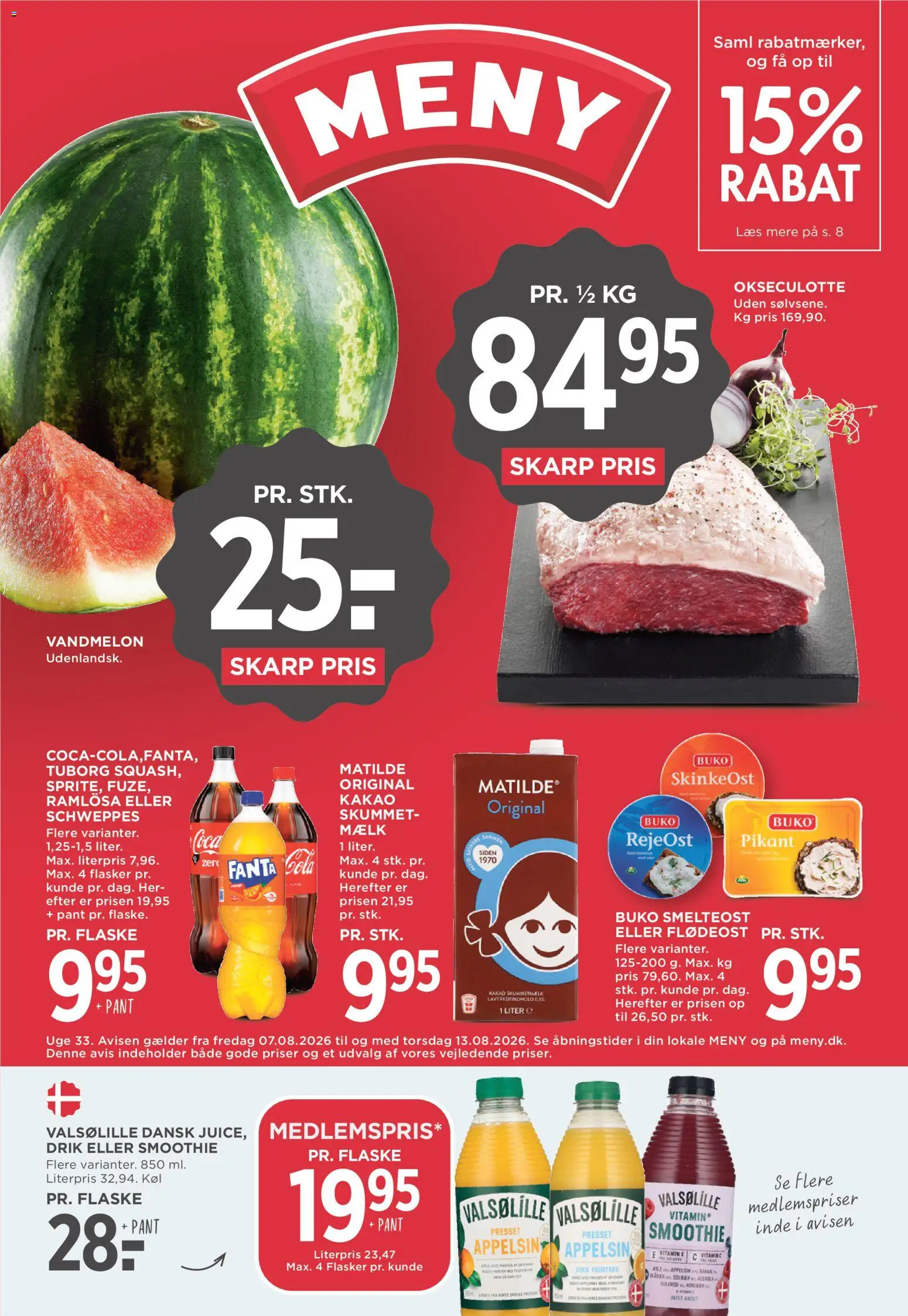 Eksempel på tilbudsavis Meny - Tilbudsavis uge 33 fra butik Meny gyldig fra 07/08/2026 - Smoothie, Mælk, Vandmelon, Kakao, Fanta, Flødeost