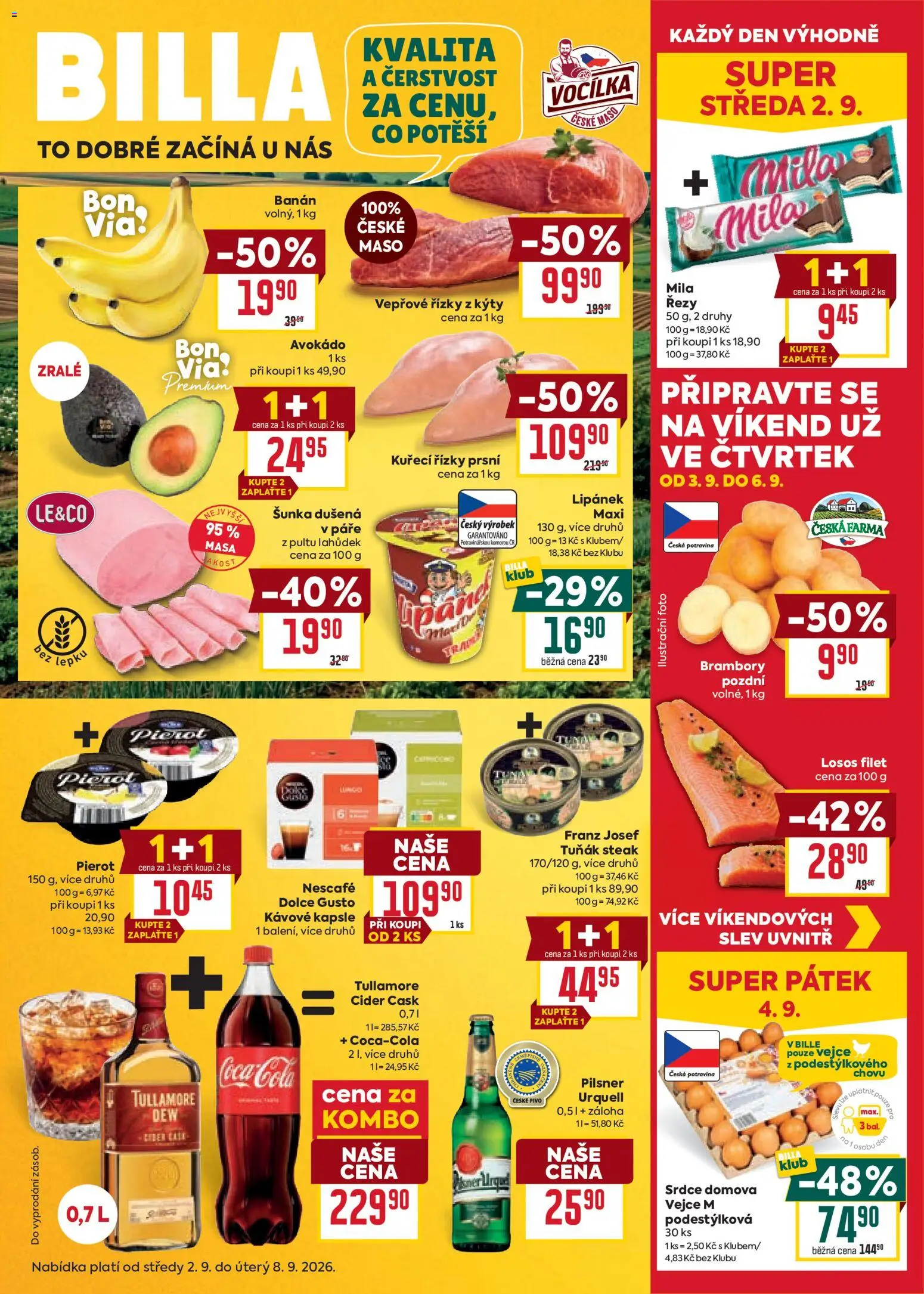 Náhled nabídky: Billa Billa Velký leták platný od 02.09.2026 - Vejce, Tuňák, Cider, Šunka, Mila, Kávové kapsle, Kapsle, Filet