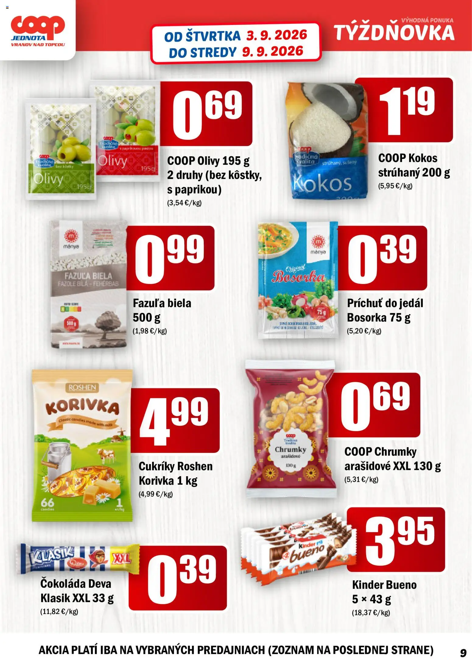 Náhľad COOP Jednota letáku platného od 03.09.2026 - Čokoláda, Kinder, Kokos, Fazuľa, Kinder Bueno, Olivy, Cukríky