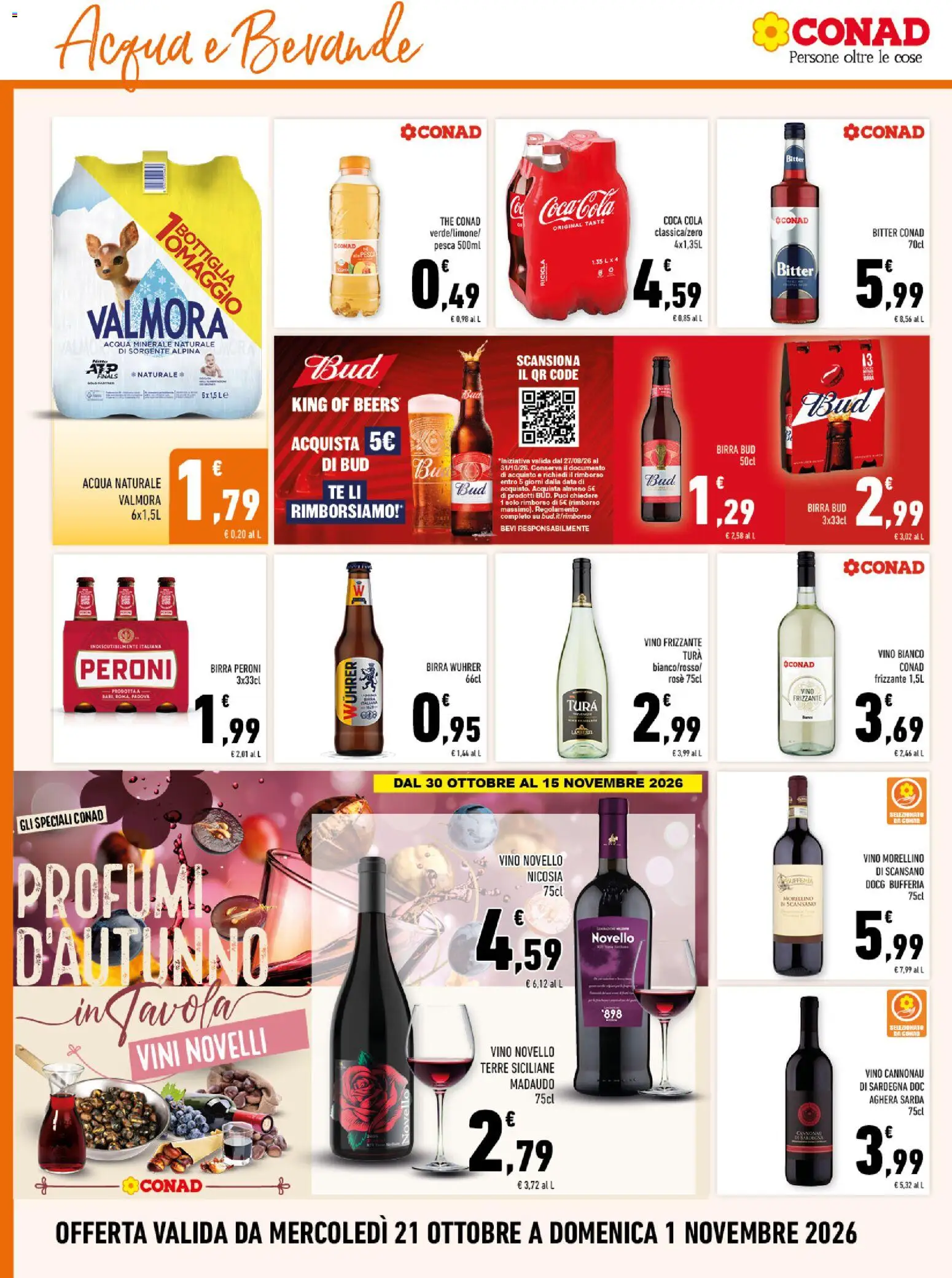 Anteprima dell'opuscolo Conad volantino City Sicilia dal negozio Conad valido da 21/10/2026 - Birra, Pesca, Acqua minerale, Profumi, Data, Tè, Birra Peroni, Vino bianco