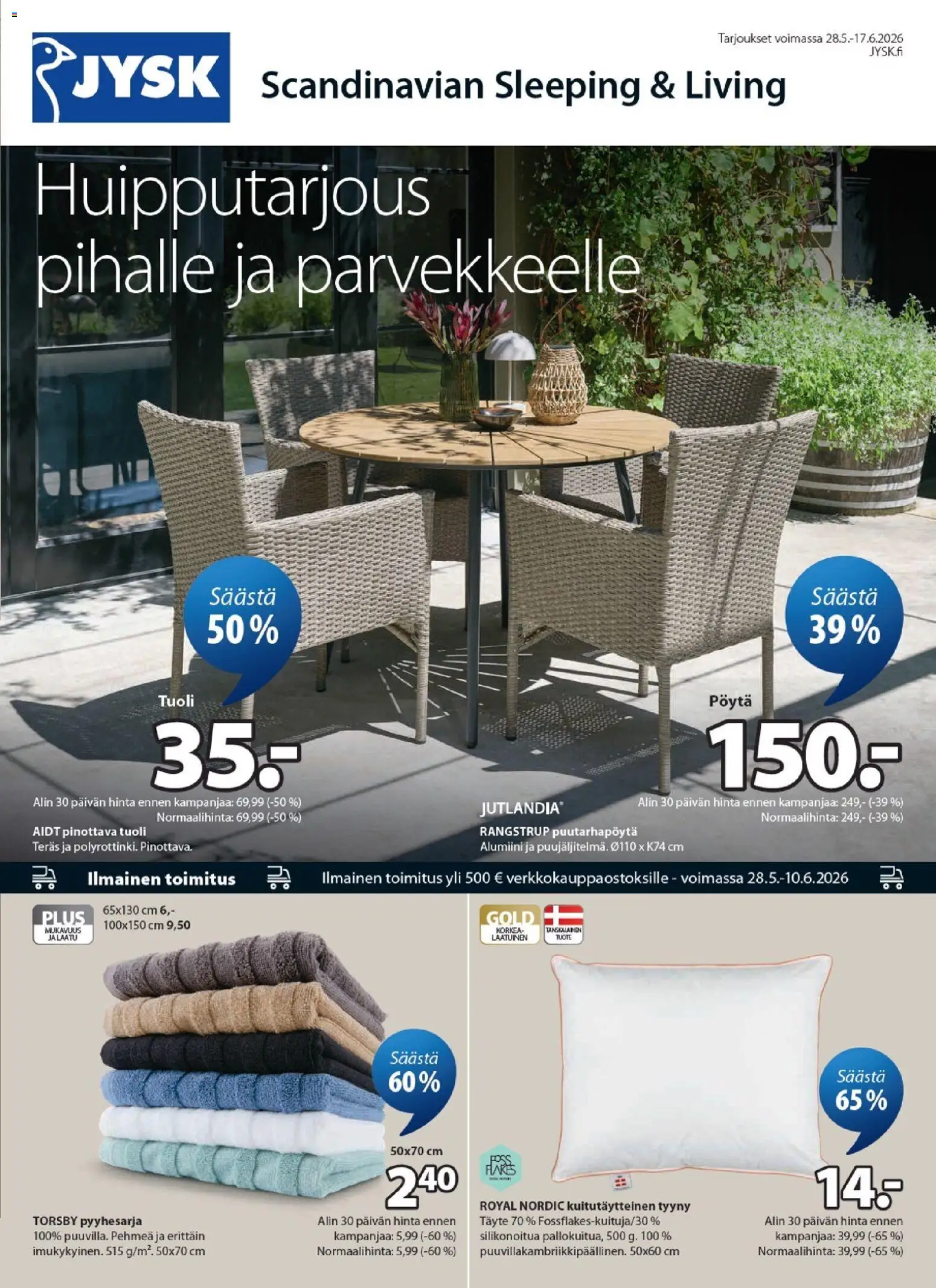 Kaupan JYSK JYSK tarjoukset esikatselu, voimassa 28/05/2026 - Tuoli, Tyyny, Pöytä, Pinottava tuoli