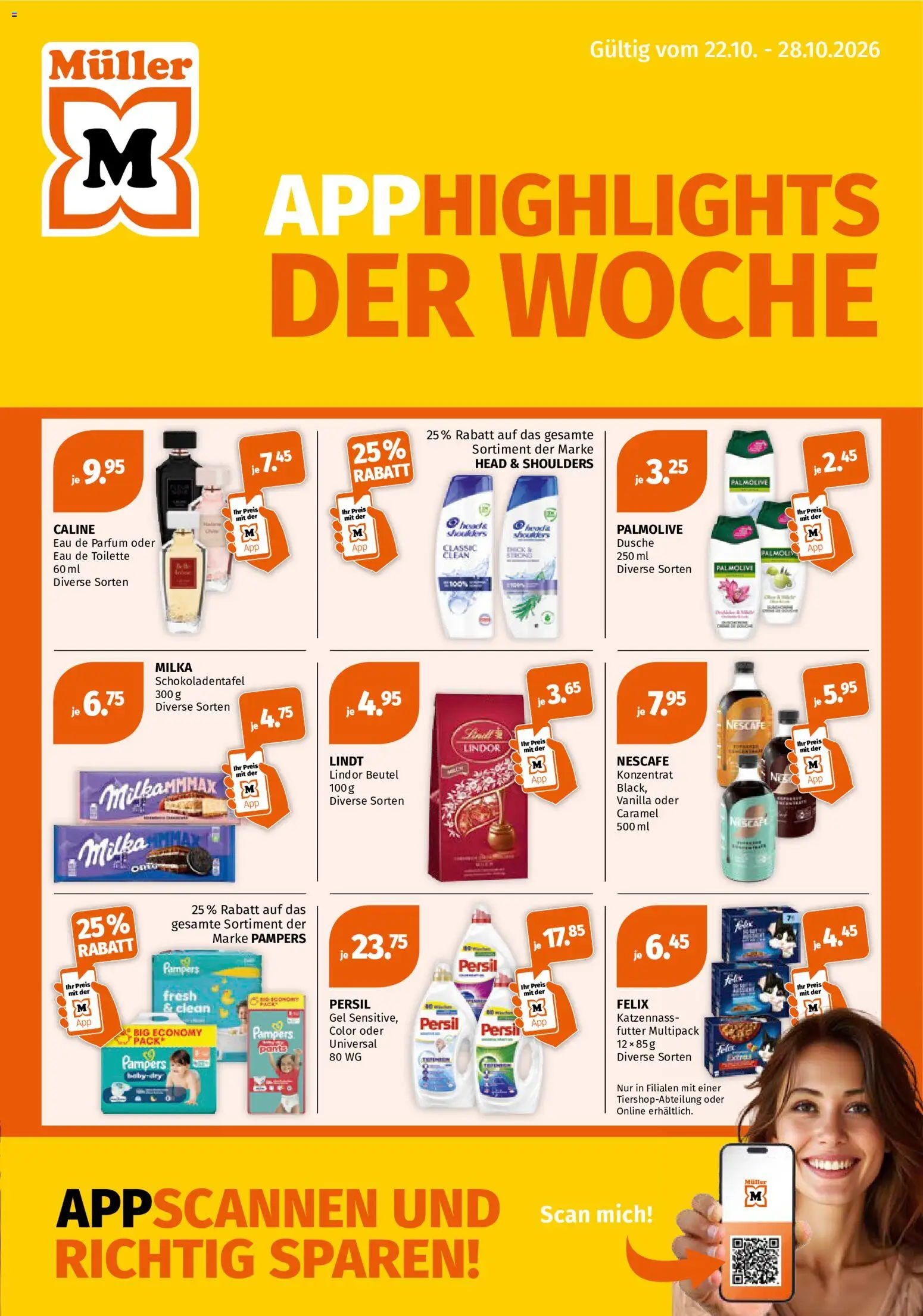 Vorschau des Merkblatts Müller aktionen App Highlights der Woche vom Shop Müller gültig von 22.10.2026 bis 28.10.2026 - Parfüm, Toilette, Pampers, Dusche, Eau de toilette, Lindor, Eau de Parfum