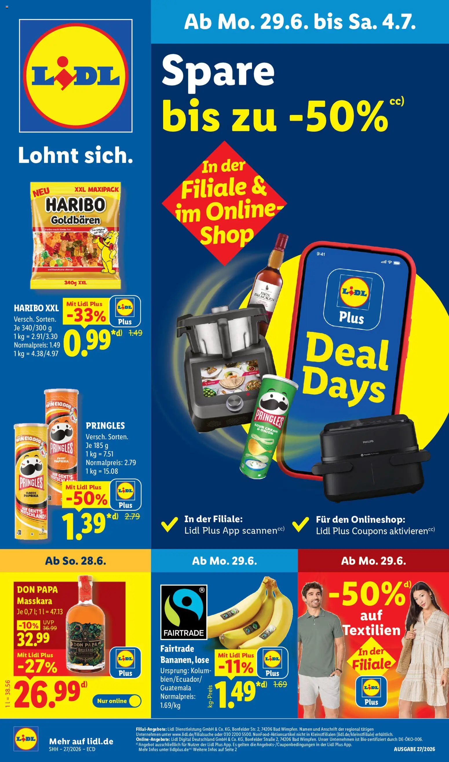 Vorschau von dem Prospekt des Geschäftes Lidl, gültig ab dem 29.06.2026 - Chips, Philips, Haribo, Bad, Paprika, Pringles, Rum
