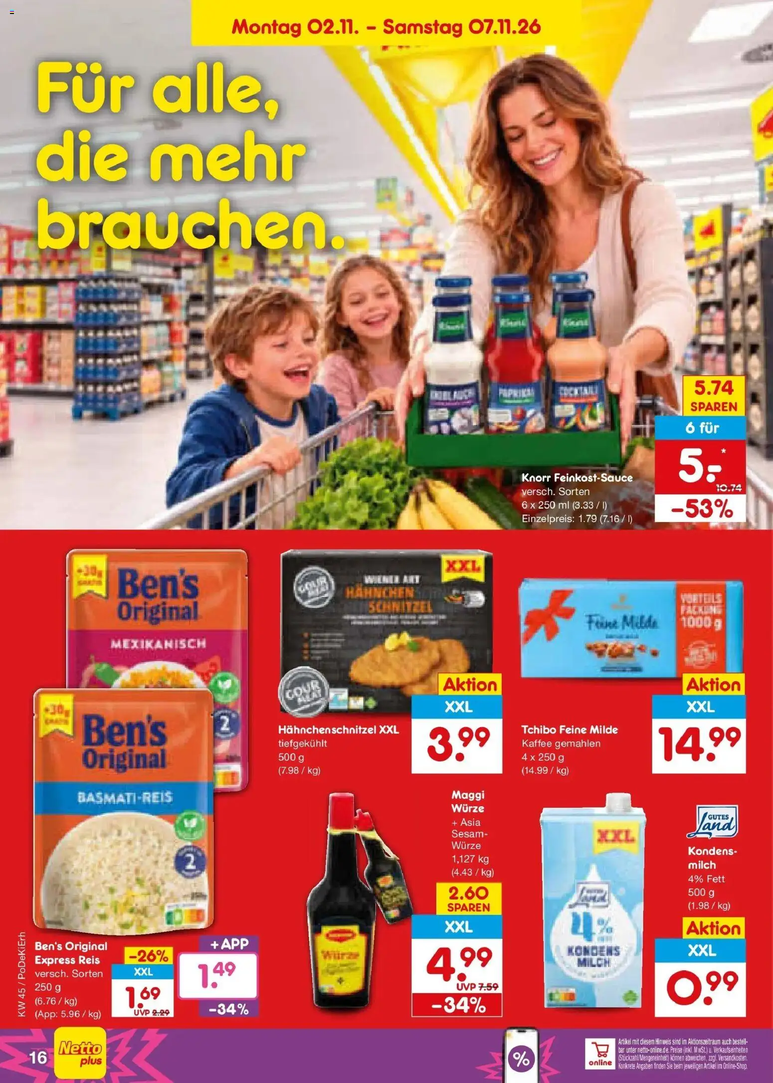 Vorschau von dem Prospekt des Geschäftes Netto Marken-Discount, gültig ab dem 02.11.2026 - Kaffee, Schnitzel, Maggi, Milch, Reis, Basmatireis, Knorr, Hahnchen