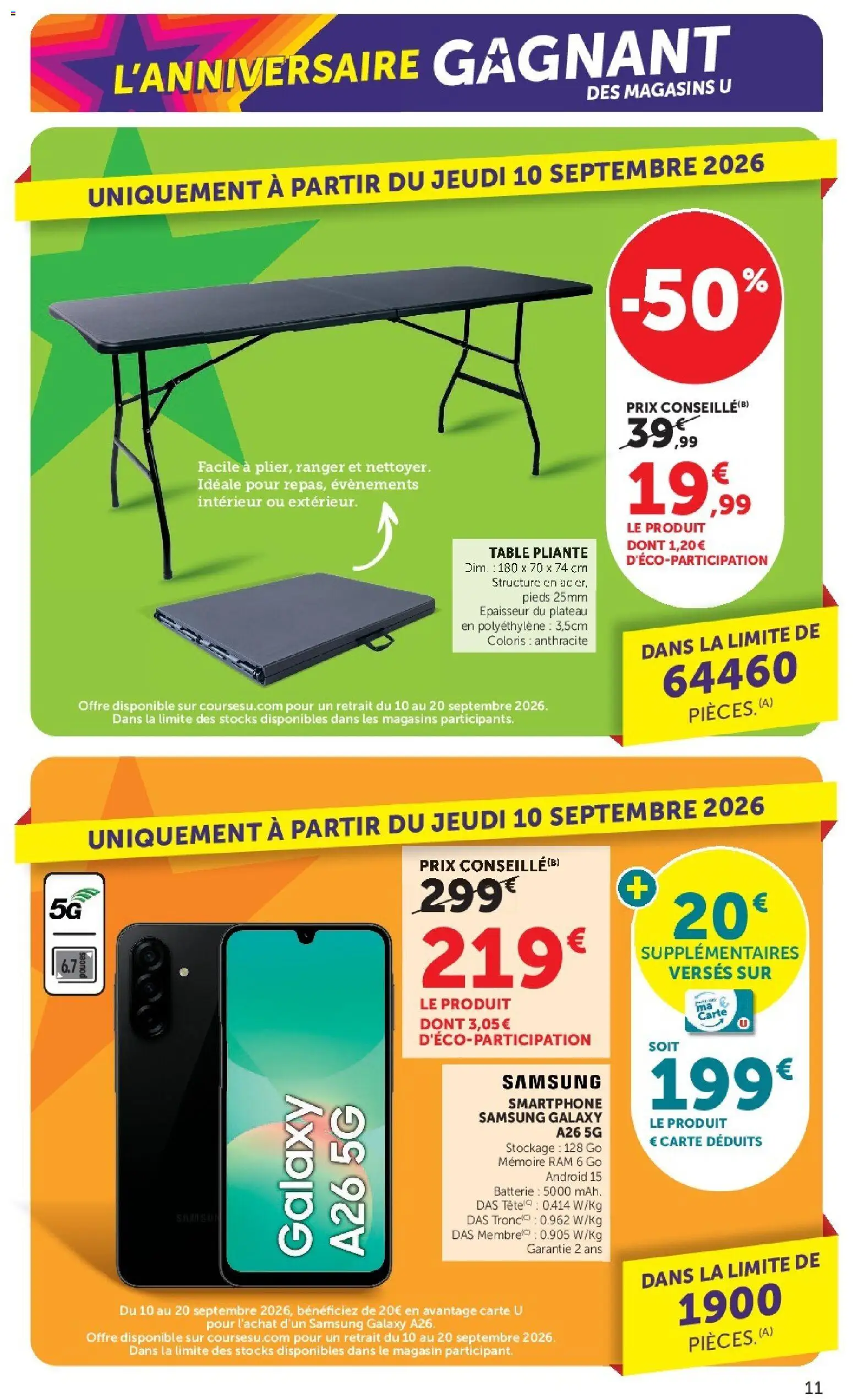 Prévisualisation de Hyper U catalogue du magasin Hyper U formulaire valide 08/09/2026 - Smartphone, Table pliante, Batterie, Table, Plateau, Mémoire RAM