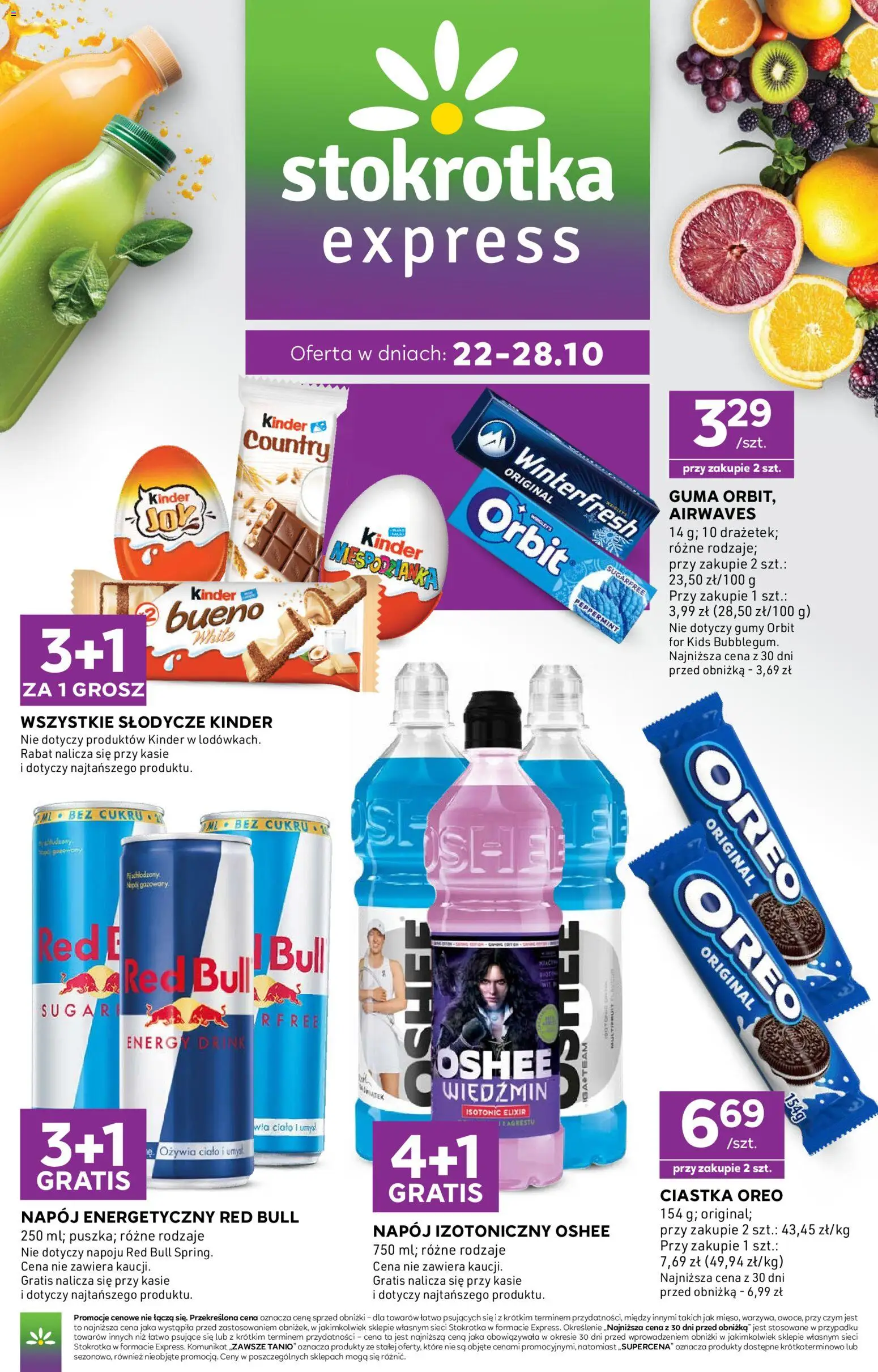 Pogląd gazetki "Stokrotka gazetka - Express" ze sklepu Stokrotka ważnej od 22.10.2026 - Stokrotka, Red bull, Oshee, Ciastka, Gumy, Gumy Orbit, Ciastka Oreo, Napój energetyczny