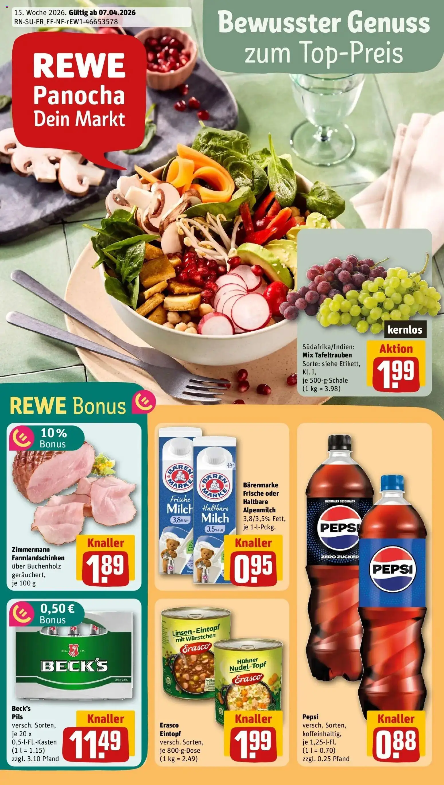 Vorschau von dem Prospekt des Geschäftes Rewe, gültig ab dem 05.04.2026 - Cola, Milch, Zucker, Pepsi, Haltbare milch, Pils, Erasco