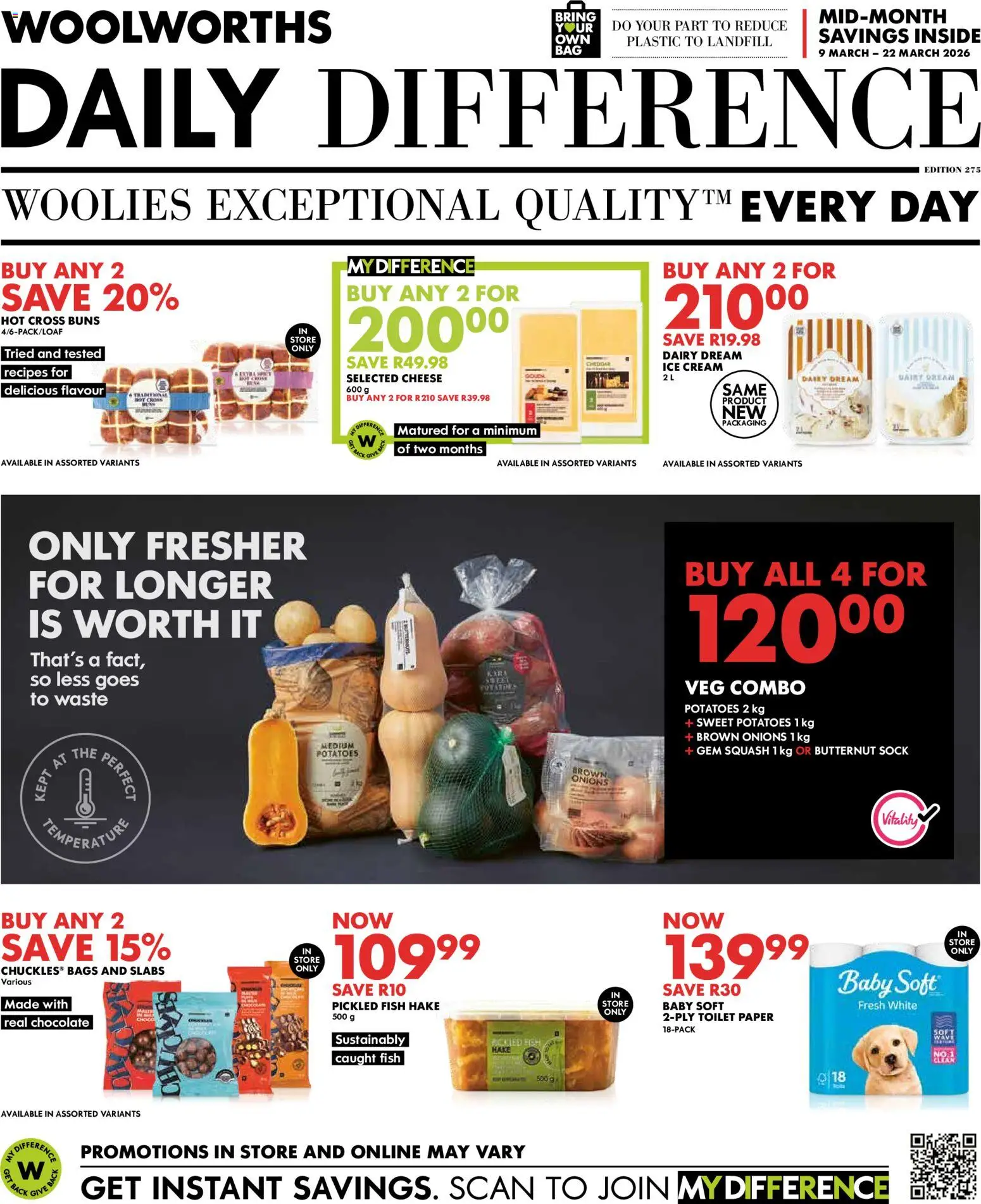 Preview of Woolworths flyer valid from 09/03/2026 - Fish, Ice cream, Toilet paper, Sweet potatoes, Cream, Onions, Paper, Squash