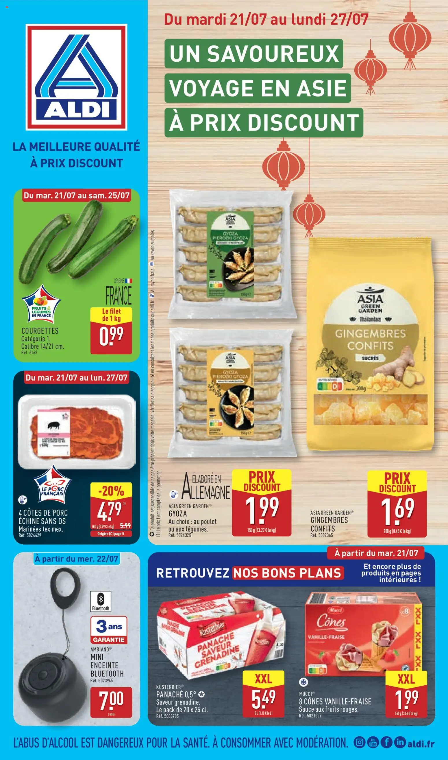 Prévisualisation de Aldi catalogue du magasin Aldi formulaire valide 21/07/2026 - Poulet, Fruits, Gyoza, Enceinte, Panaché, Porc, Côtes de porc, Cônes