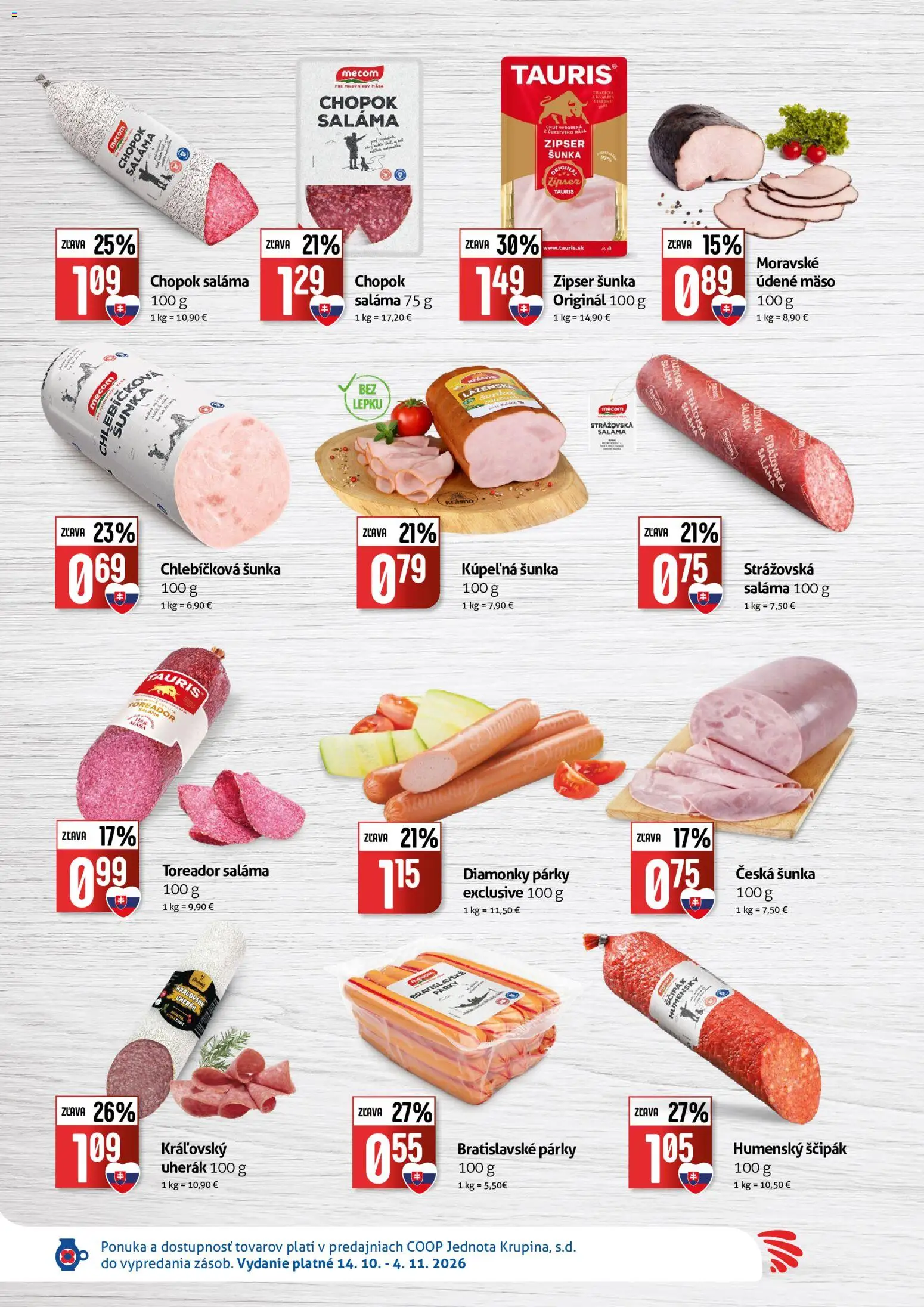 Náhľad COOP Jednota letáku platného od 14.10.2026 - Mäso, Šunka, Párky, Saláma, Údené mäso