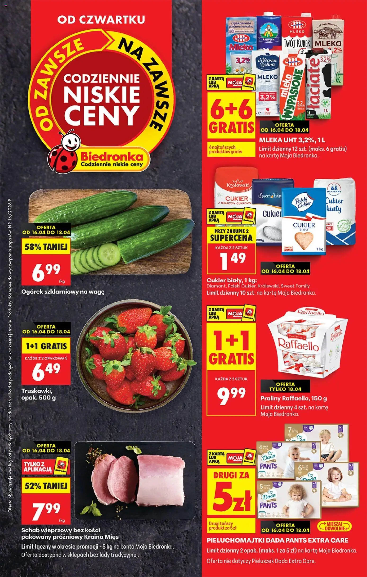 Pogląd gazetki "Biedronka gazetka od czwartku" ze sklepu Biedronka ważnej od 16.04.2026 - Mleko, Schab, Karta, Pieluchomajtki, Praliny, Cukier biały, Mleka, Schab wieprzowy bez kości