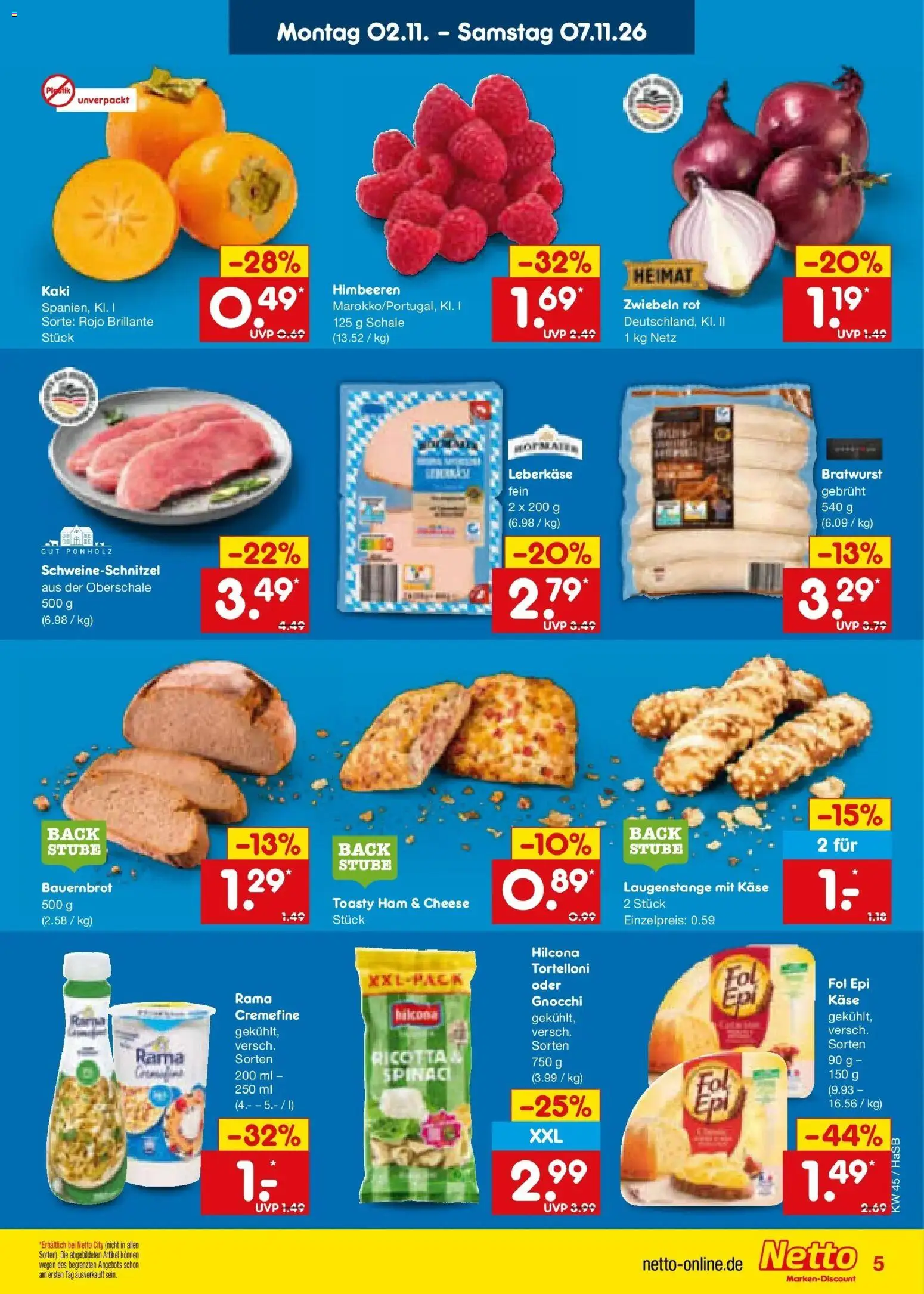 Vorschau von dem Prospekt des Geschäftes Netto Marken-Discount, gültig ab dem 02.11.2026 - Käse, Gnocchi, Bratwurst, Himbeeren, Kaki, Rama, Zwiebeln, Leberkase