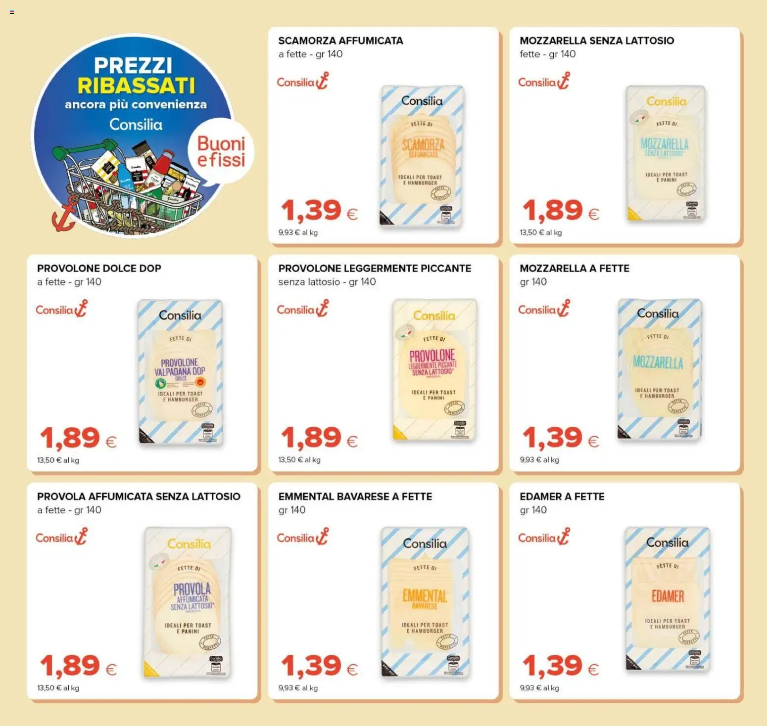 Anteprima dell'opuscolo Oasi volantino Prezzi Ribassati dal negozio Oasi valido da 21/10/2026 - Hamburger, Mozzarella, Provola, Emmental, Provolone, Mozzarella senza lattosio, Senza lattosio