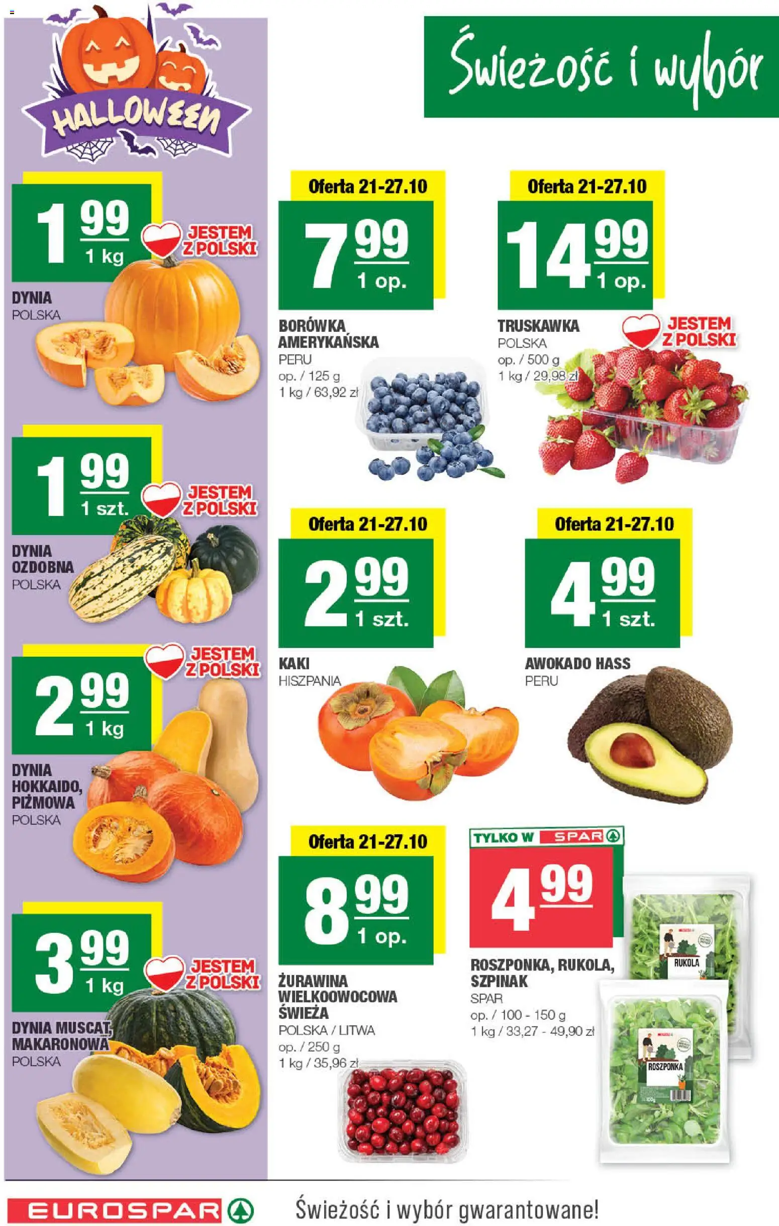 Pogląd gazetki "Spar gazetka - Eurospar" ze sklepu Spar ważnej od 21.10.2026 - Awokado, Kaki, Dynia, Rukola, Żurawina, Szpinak, Roszponka, Awokado Hass