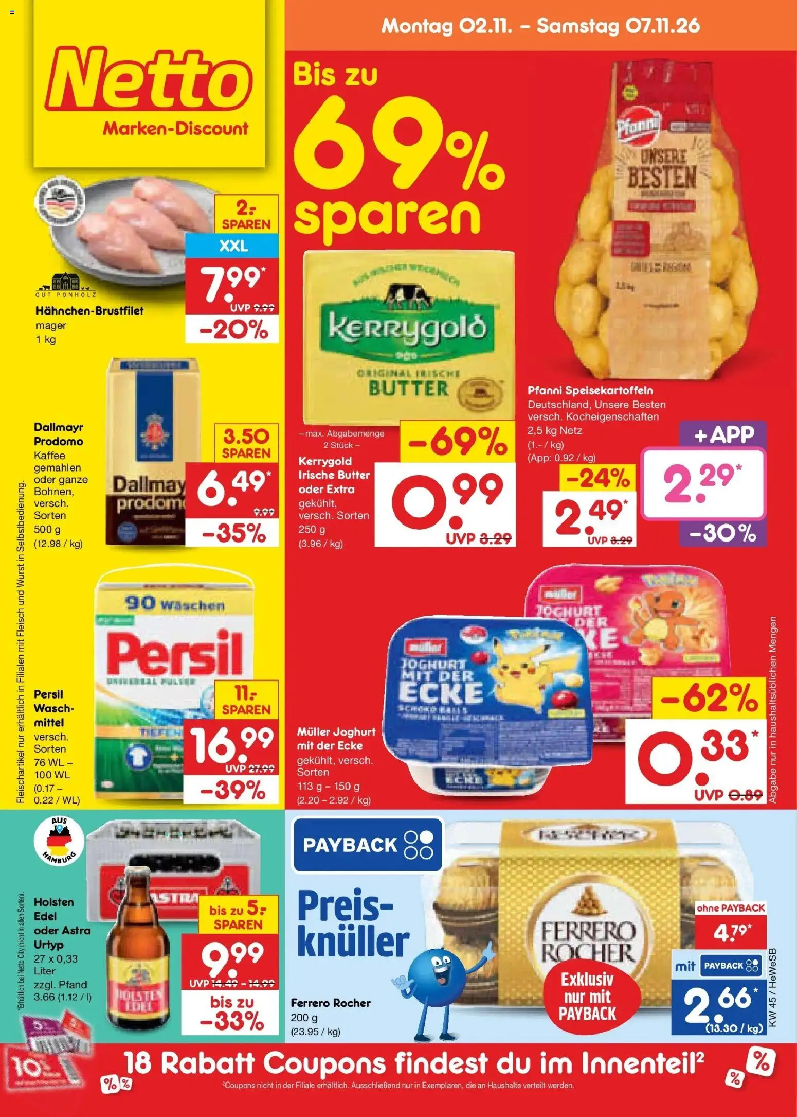 Vorschau von dem Prospekt des Geschäftes Netto Marken-Discount, gültig ab dem 02.11.2026 - Kaffee, Butter, Wurst, Fleisch, Dallmayr, Ferrero rocher, Persil, Holsten