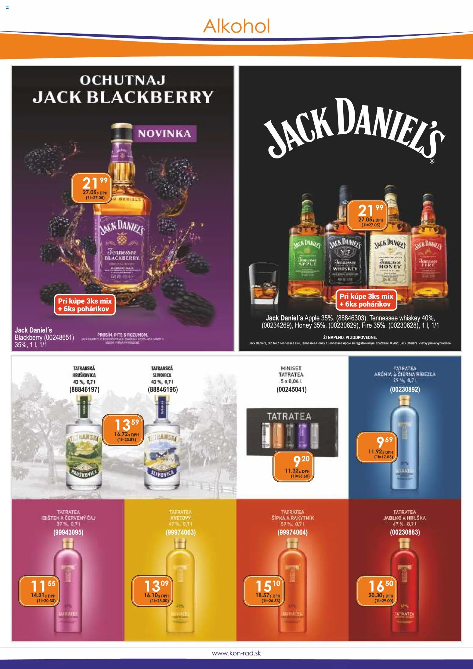 Náhľad KON - RAD letáku platného od 01.10.2026 - Apple, Alkohol, Čaj, Slivovica, Hruškovica, Jack Daniel's