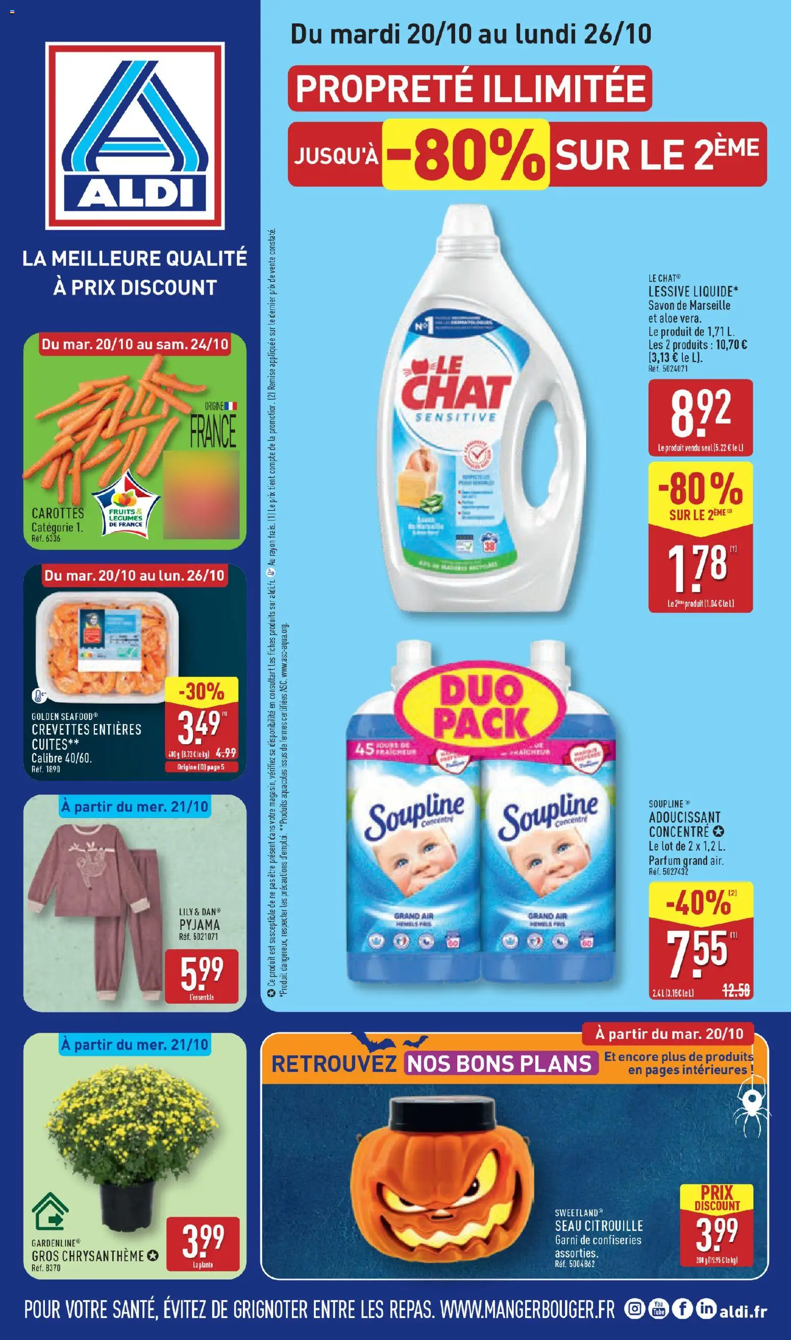 Prévisualisation de Aldi catalogue du magasin Aldi formulaire valide 20/10/2026 - Fruits, Carottes, Lessive, Savon de marseille, Crevettes, Soupline, Détergent, Gros chrysantheme