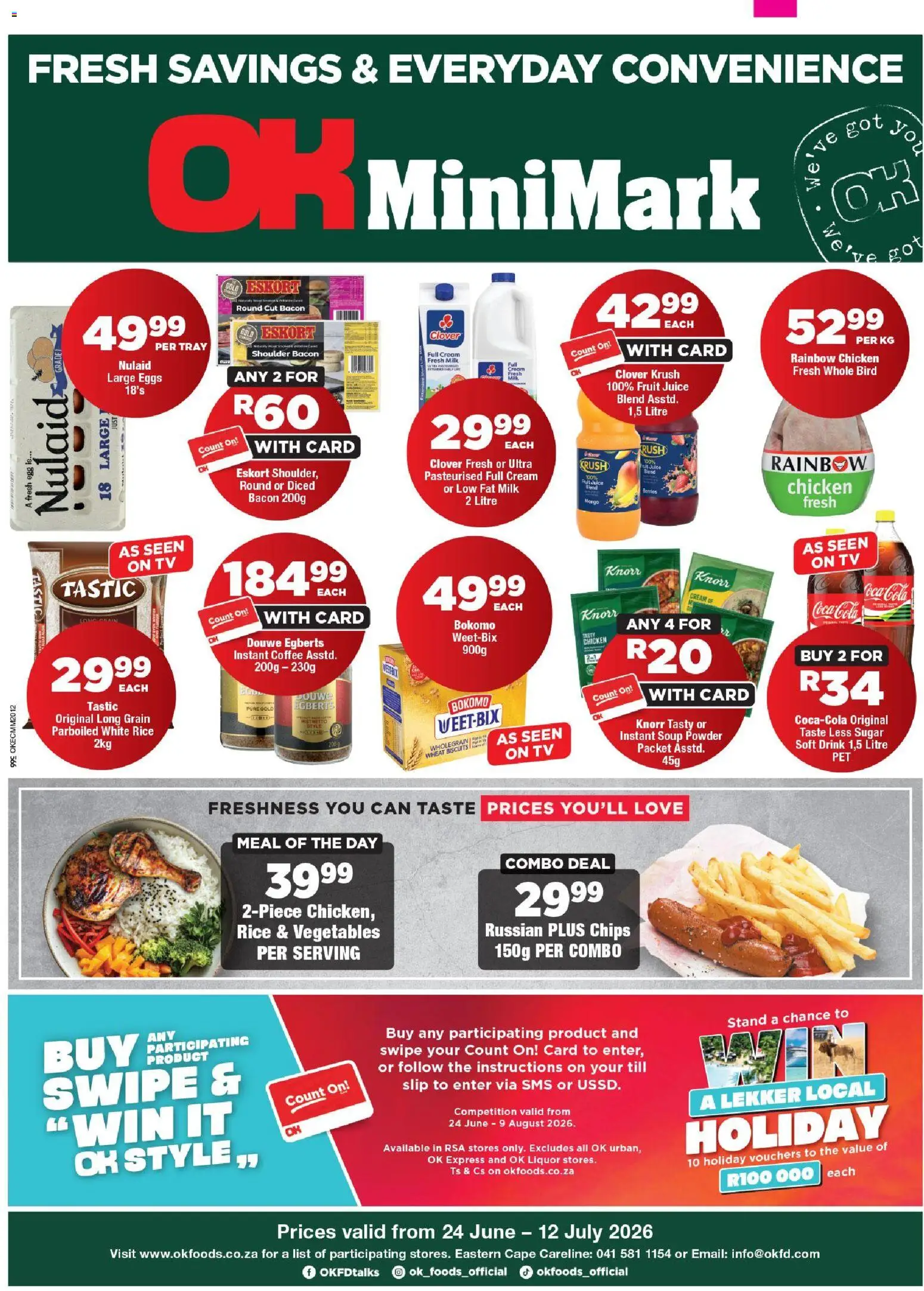Preview of OK Foods flyer valid from 24/06/2026 - Coffee, TV, Chicken, Eggs, Vegetables, Biscuits, Sugar, Soup