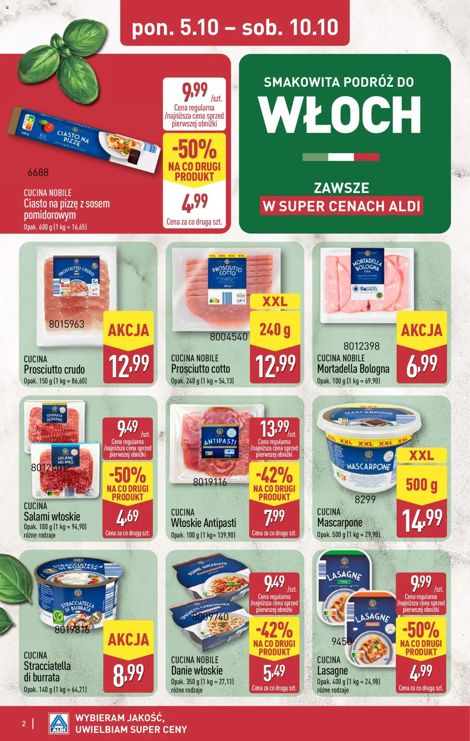 Pogląd gazetki "Aldi gazetka - Smakowita podróż do Włoch" ze sklepu Aldi ważnej od 05.10.2026 - Ciasto, Ciasto na pizze, Burrata, Mascarpone, Prosciutto, Penne, Prosciutto crudo, Antipasti