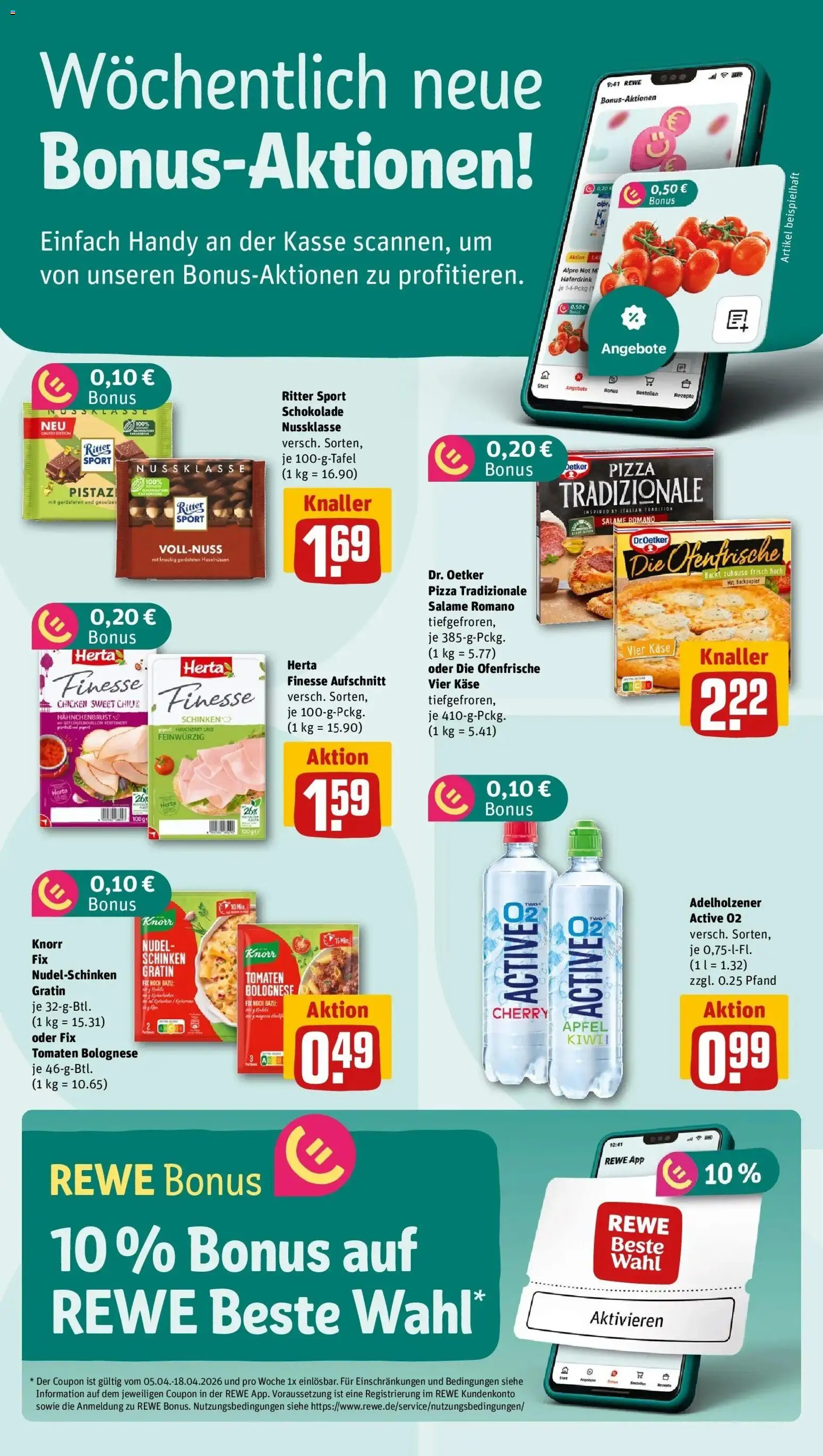 Vorschau von dem Prospekt des Geschäftes Rewe, gültig ab dem 05.04.2026 - Pizza, Käse, Schokolade, Schinken, Knorr, Alpro, Knorr fix, Herta finesse