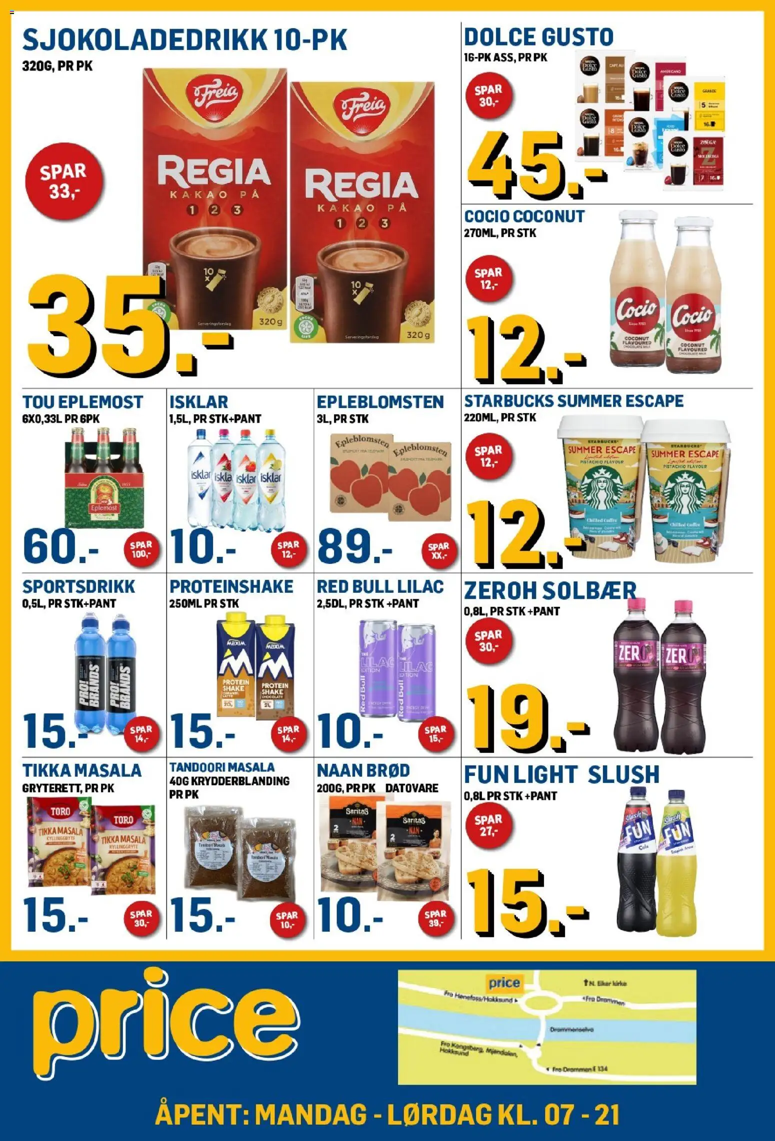 Forhåndsvis Price Lagerbutikk kundeavis mandag fra butikk Price Lagerbutikk gyldig fra 16/10/2026 - Red bull, Sushi, Brød, Tikka masala, Solbær, Eplemost, Proteinshake, Sportsdrikk