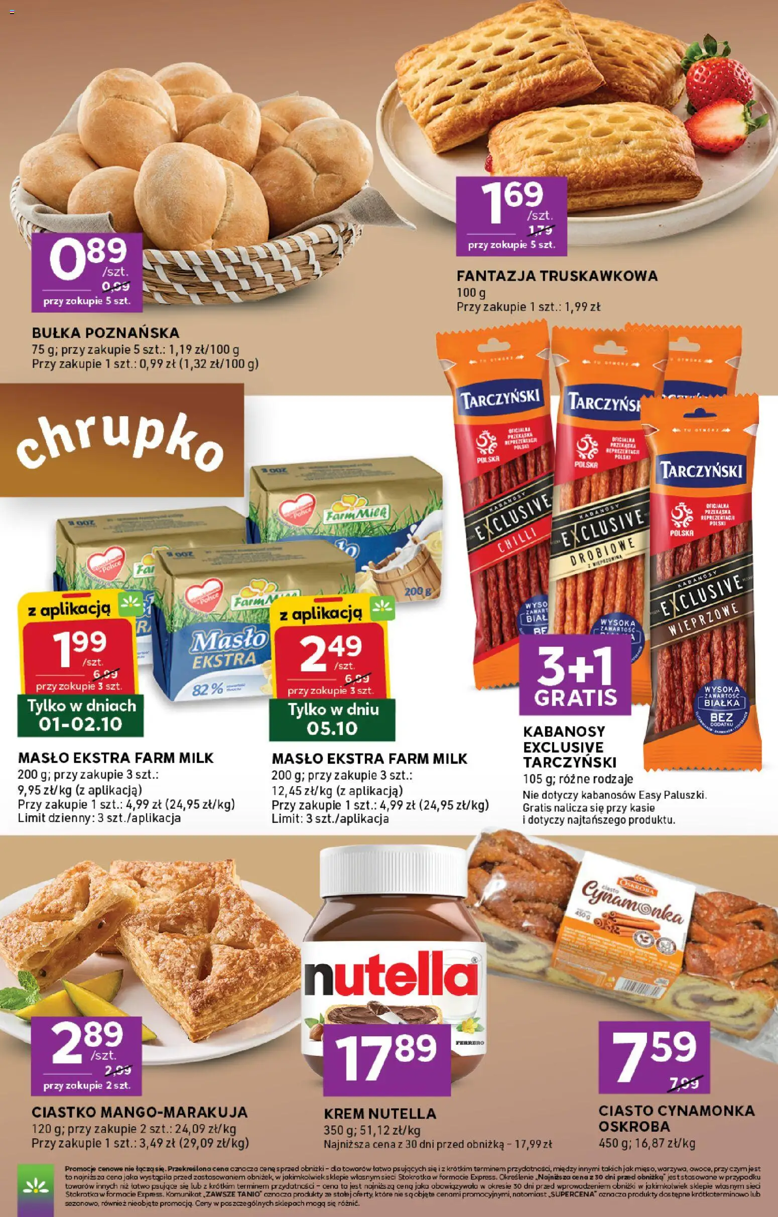 Pogląd gazetki "Stokrotka gazetka - Express" ze sklepu Stokrotka ważnej od 01.10.2026 - Stokrotka, Ciasto, Masło, Nutella, Krem, Bułka, Kabanosy, Bułka poznańska