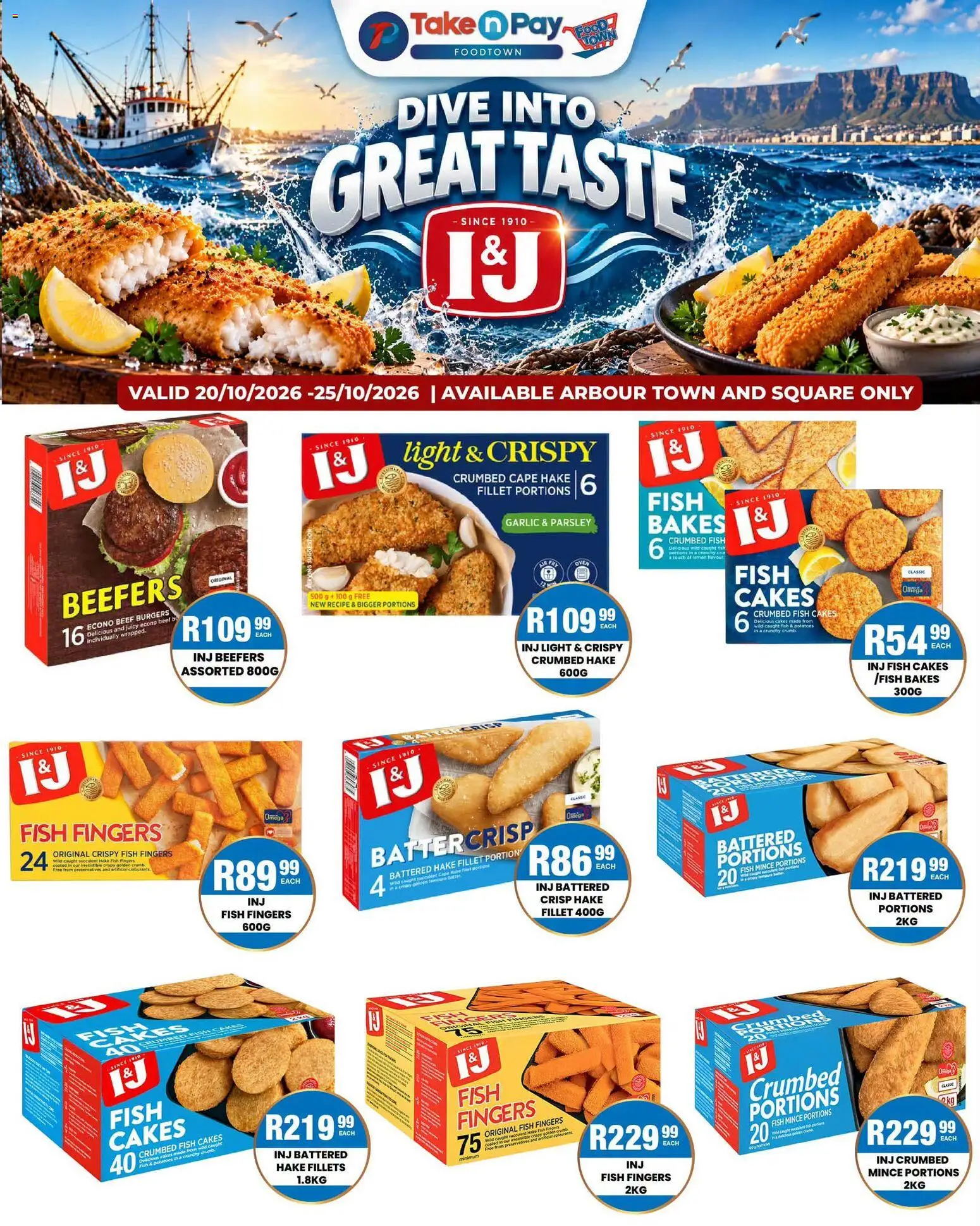 Preview of Take n Pay flyer valid from 20/10/2026 - Fish, Burgers, Light, Potatoes, Parsley, Lemon, Garlic, Beef