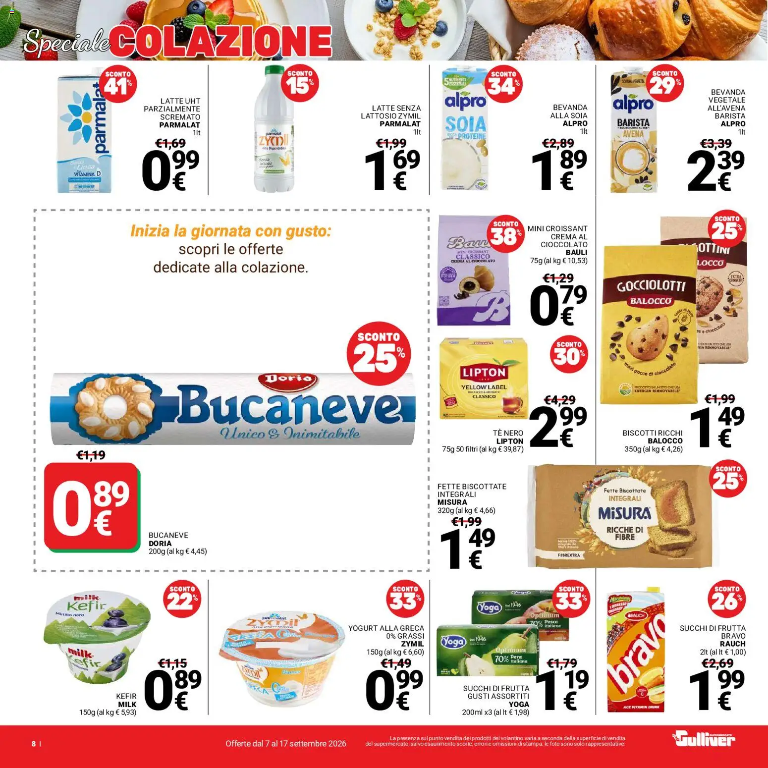 Anteprima dell'opuscolo Gulliver volantino dal negozio Gulliver valido da 07/09/2026 - Kefir, Latte, Cioccolato, Frutta, Pesca, Croissant, Crema al cioccolato, Tè nero