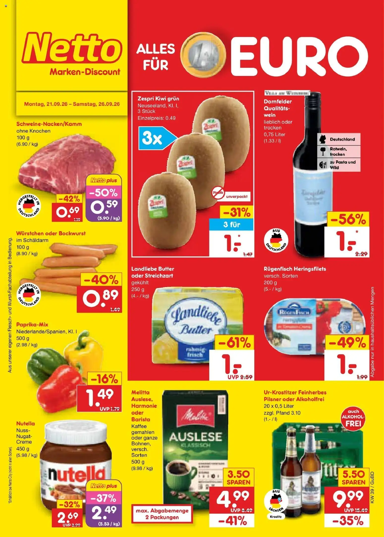 Vorschau von dem Prospekt des Geschäftes Netto Marken-Discount, gültig ab dem 21.09.2026 - Butter, Pasta, Nutella, Wein, Kiwi, Bockwurst, Creme, Landliebe butter