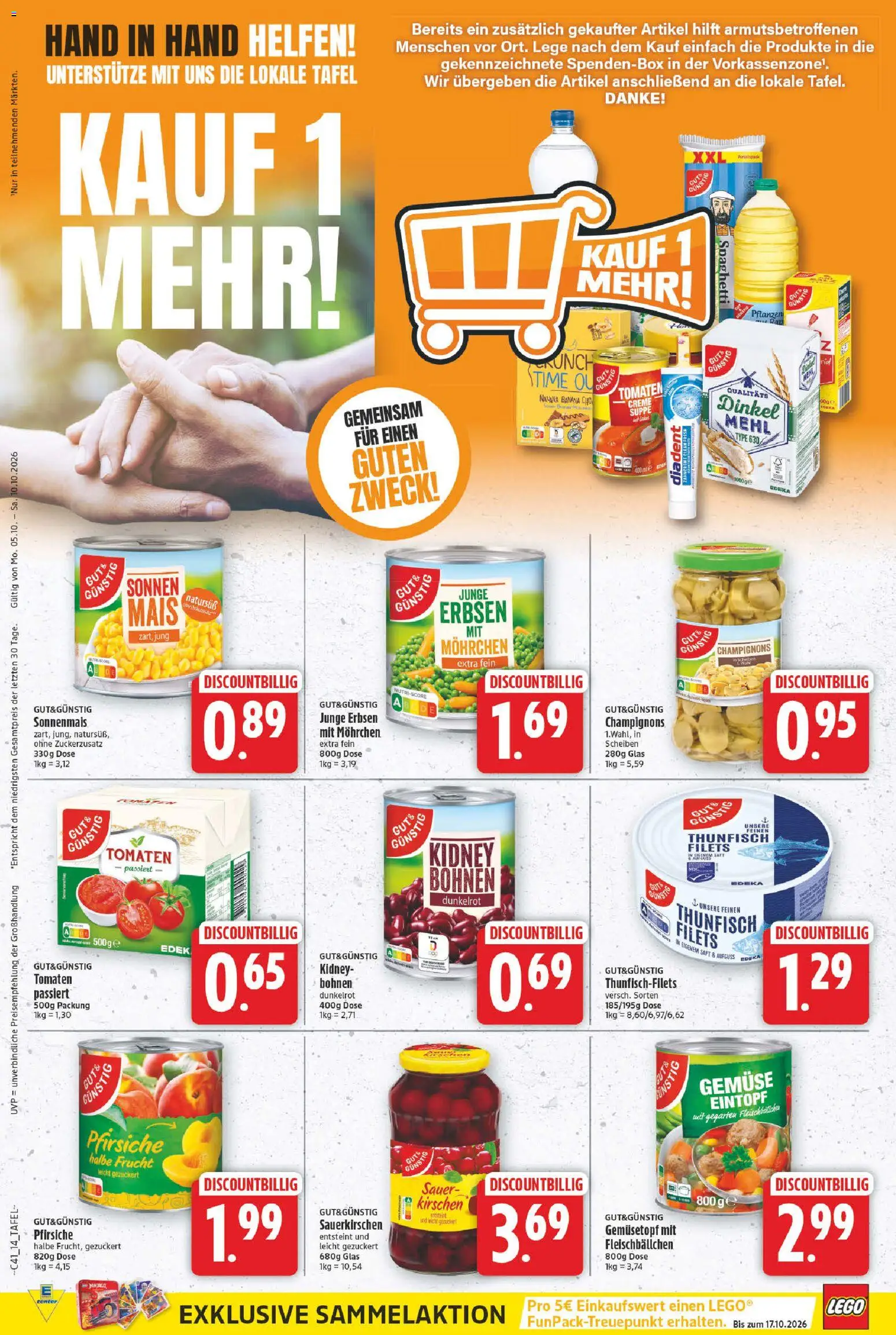 Vorschau von dem Prospekt des Geschäftes E center, gültig ab dem 05.10.2026 - Gemüse, Thunfisch, Kirschen, Mehl, Mais, Tomaten, Creme, Saft